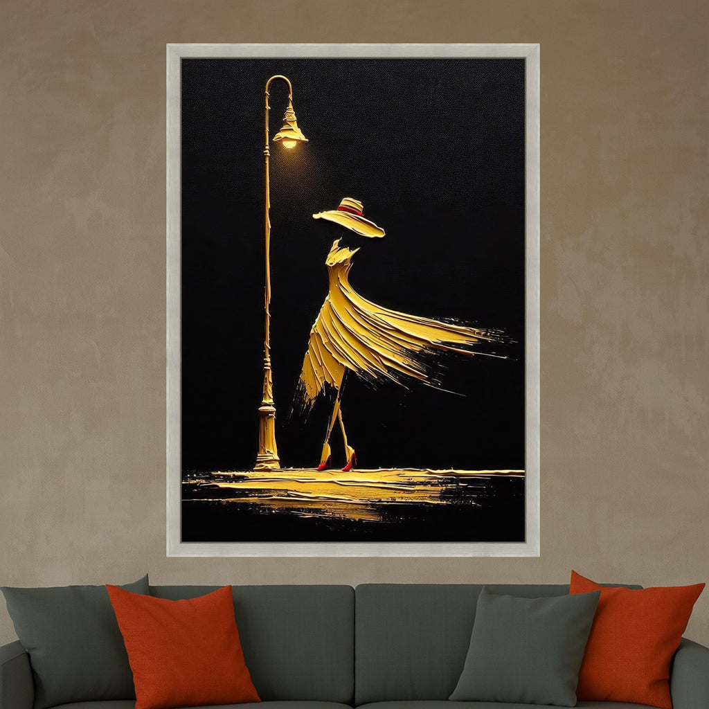Elegant Woman in Flowing Dress Canvas, Abstract Fashion Art, Golden Night Street Lamp Wall Decor, Modern Canvas Wall Art for Ready To Hang,