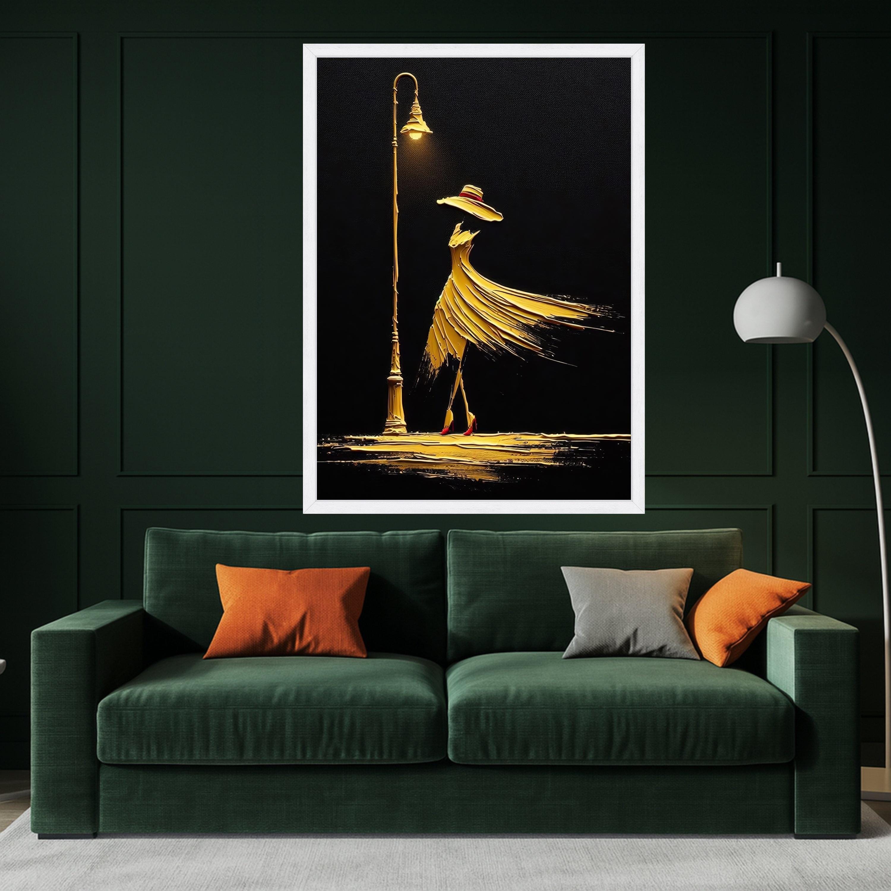 Elegant Woman in Flowing Dress Canvas, Abstract Fashion Art, Golden Night Street Lamp Wall Decor, Modern Canvas Wall Art for Ready To Hang,