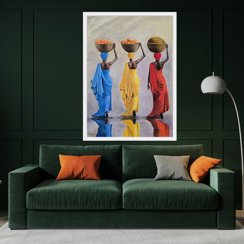 Colorful African Women Carrying Baskets Canvas, Ethnic Culture Wall Art, Vibrant Traditional Dress Decoration, Reflective Ready To Hang,