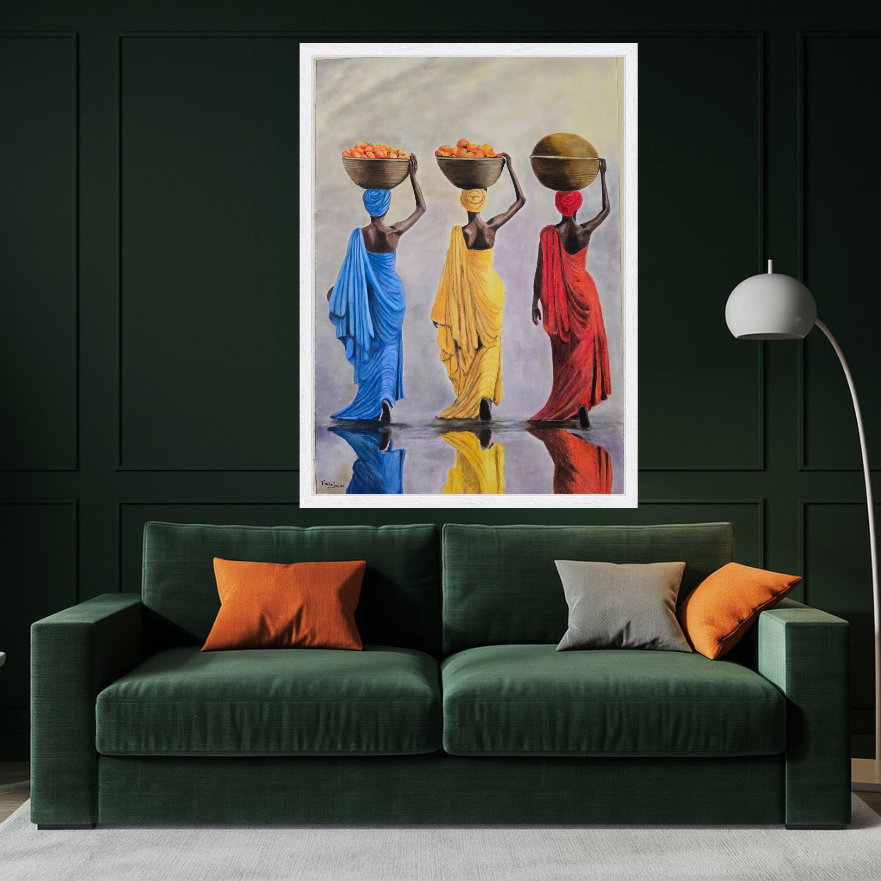 Colorful African Women Carrying Baskets Canvas, Ethnic Culture Wall Art, Vibrant Traditional Dress Decoration, Reflective Ready To Hang,