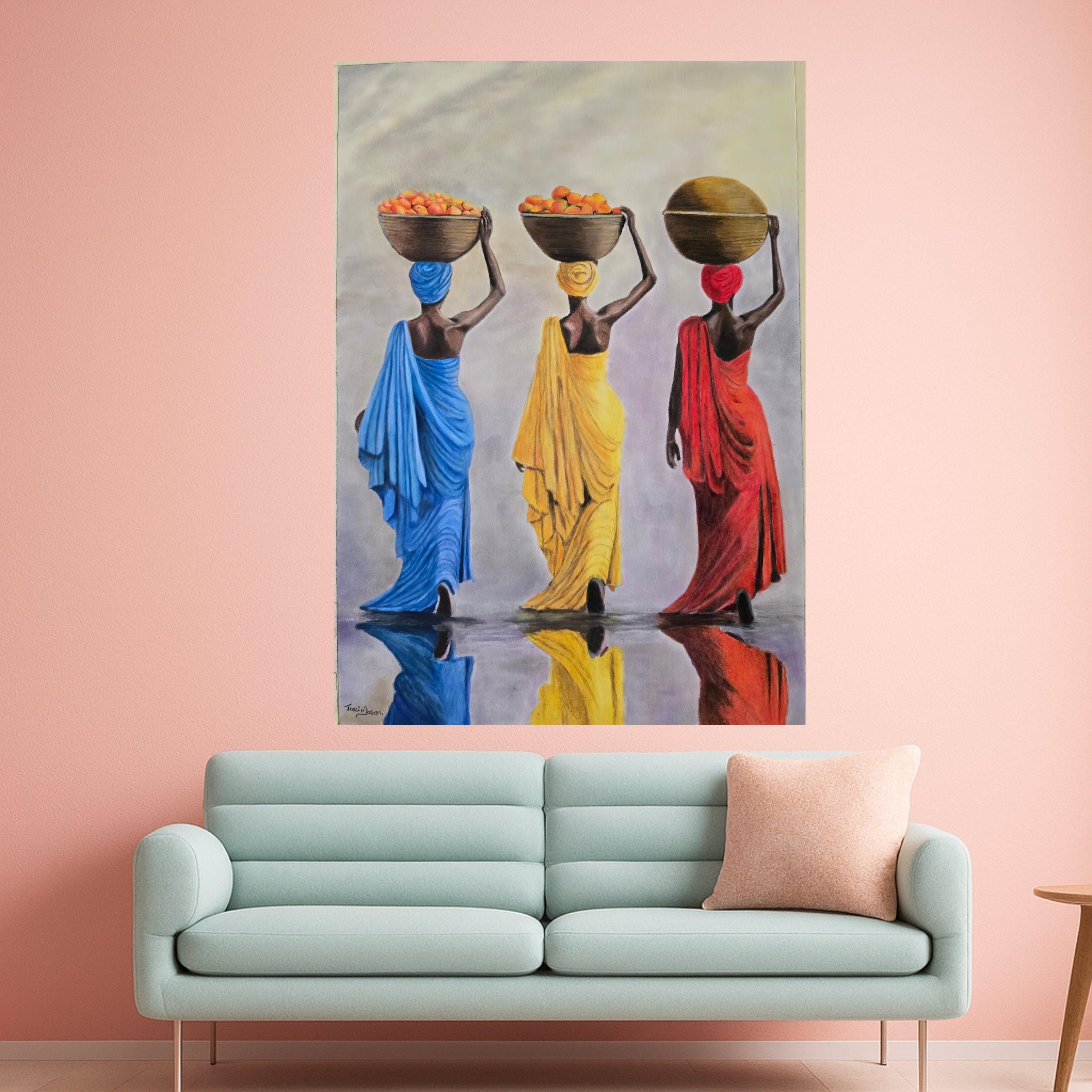 Colorful African Women Carrying Baskets Canvas, Ethnic Culture Wall Art, Vibrant Traditional Dress Decoration, Reflective Ready To Hang,