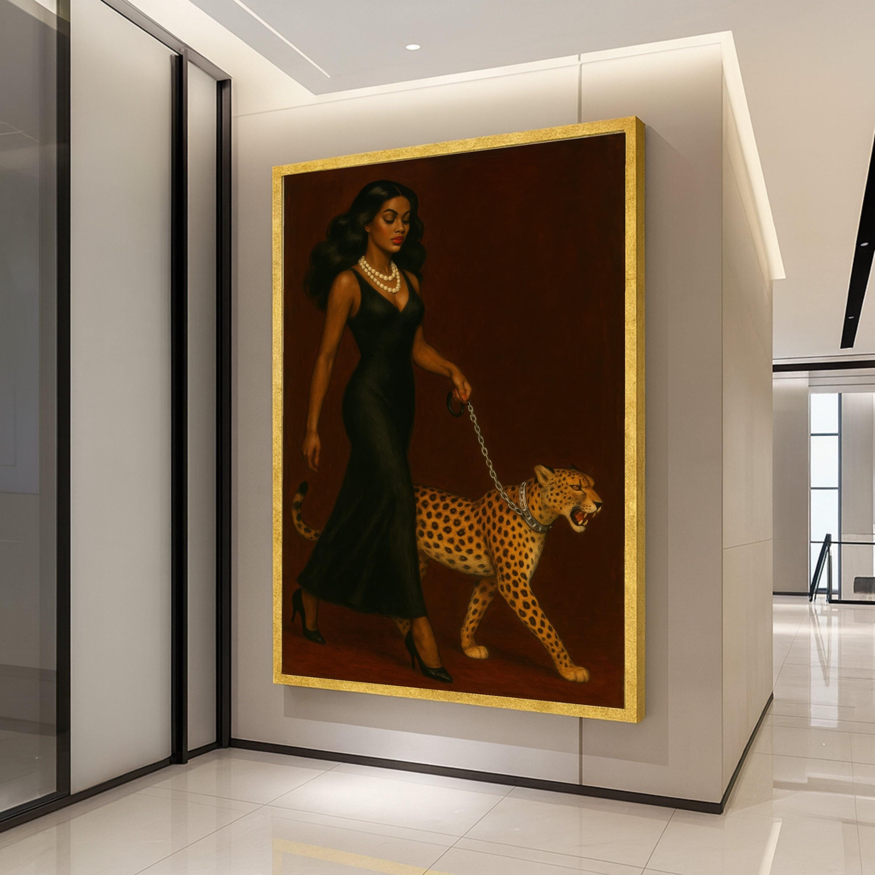 Elegant Woman in Black Dress with Cheetah Canvas, Powerful Animal Companion Wall Art, Chic Fashion Portrait Canvas, Modern Ready To Hang,
