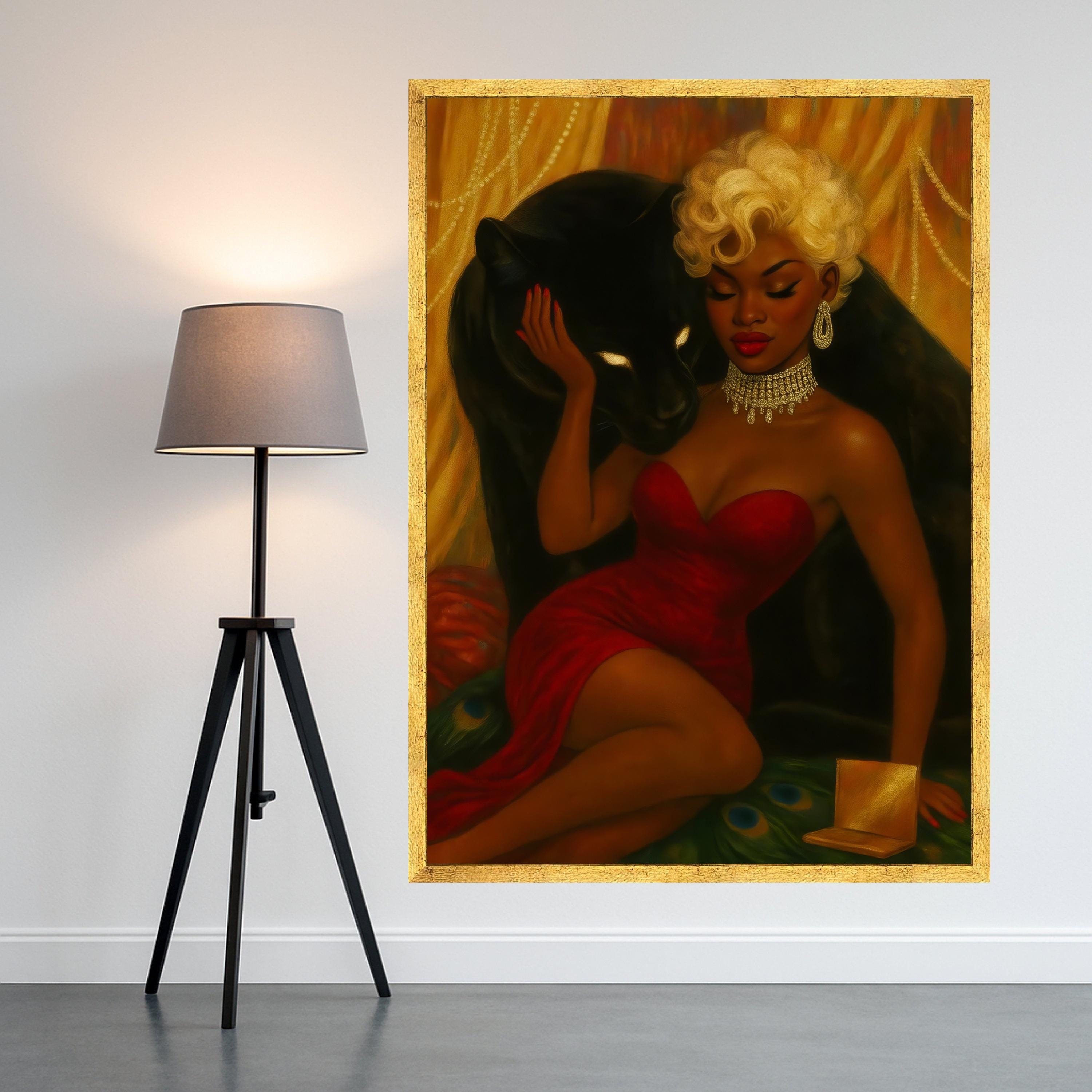 Elegant Woman in Red Dress with Black Panther Canvas, Glamour Portrait Wall Art, Luxury Fashion Illustration, Decorative Ready To Hang,
