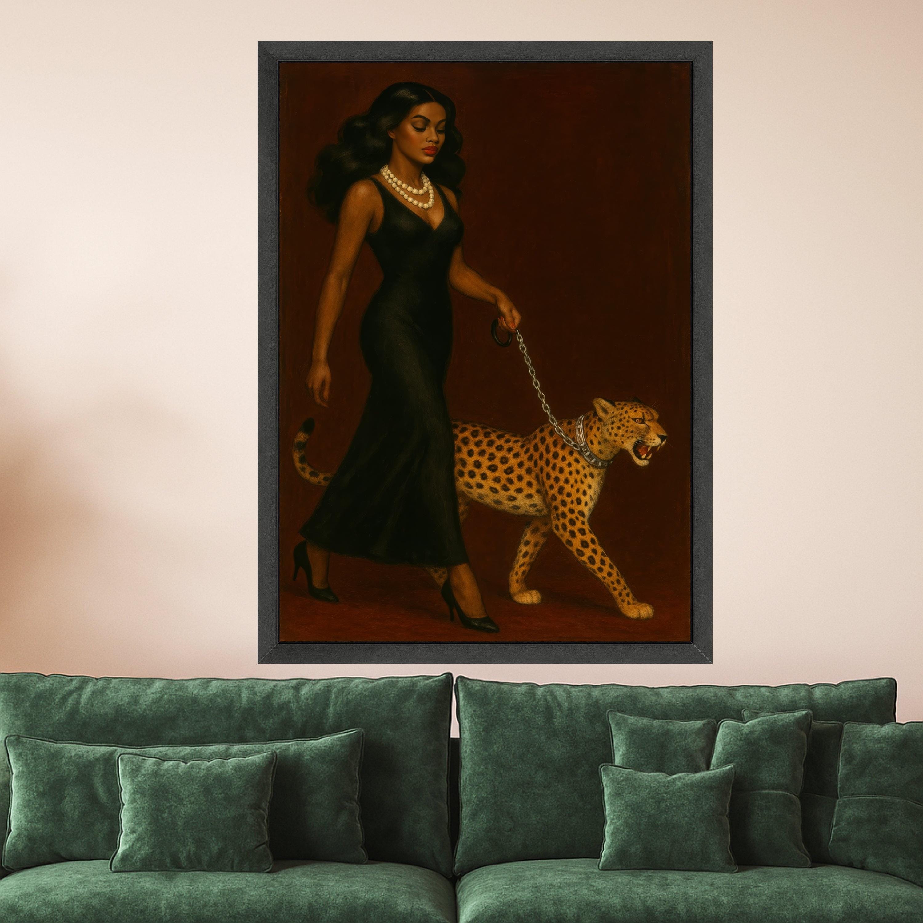 Elegant Woman in Black Dress with Cheetah Canvas, Powerful Animal Companion Wall Art, Chic Fashion Portrait Canvas, Modern Ready To Hang,
