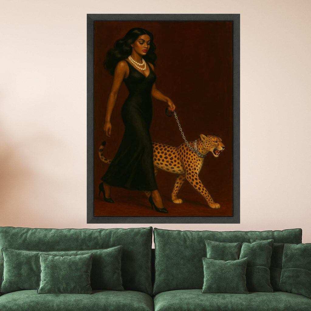 Elegant Woman in Black Dress with Cheetah Canvas, Powerful Animal Companion Wall Art, Chic Fashion Portrait Canvas, Modern Ready To Hang,