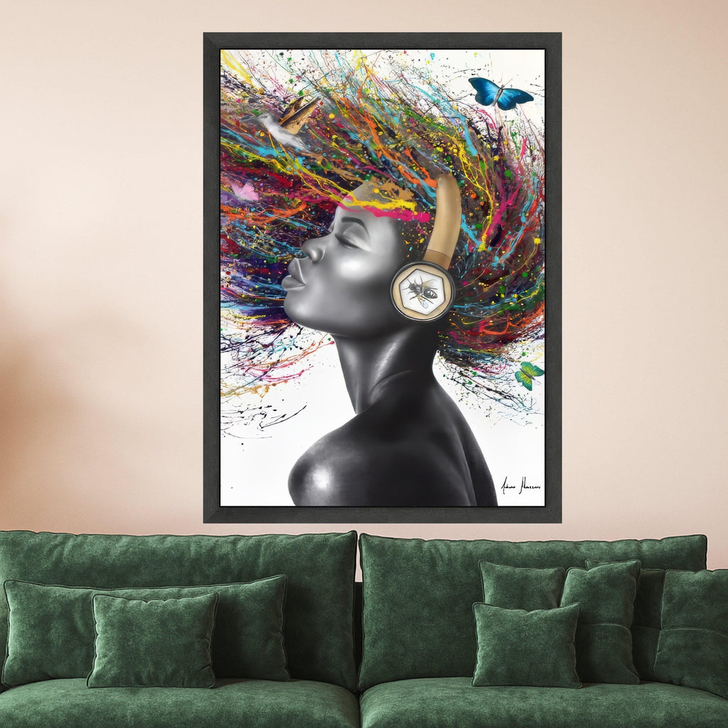 Vibrant Afro Woman Canvas Art, Color Splash Hair, Modern Portrait Wall Art, Headphones Abstract Painting, Contemporary Home Ready To Hang,