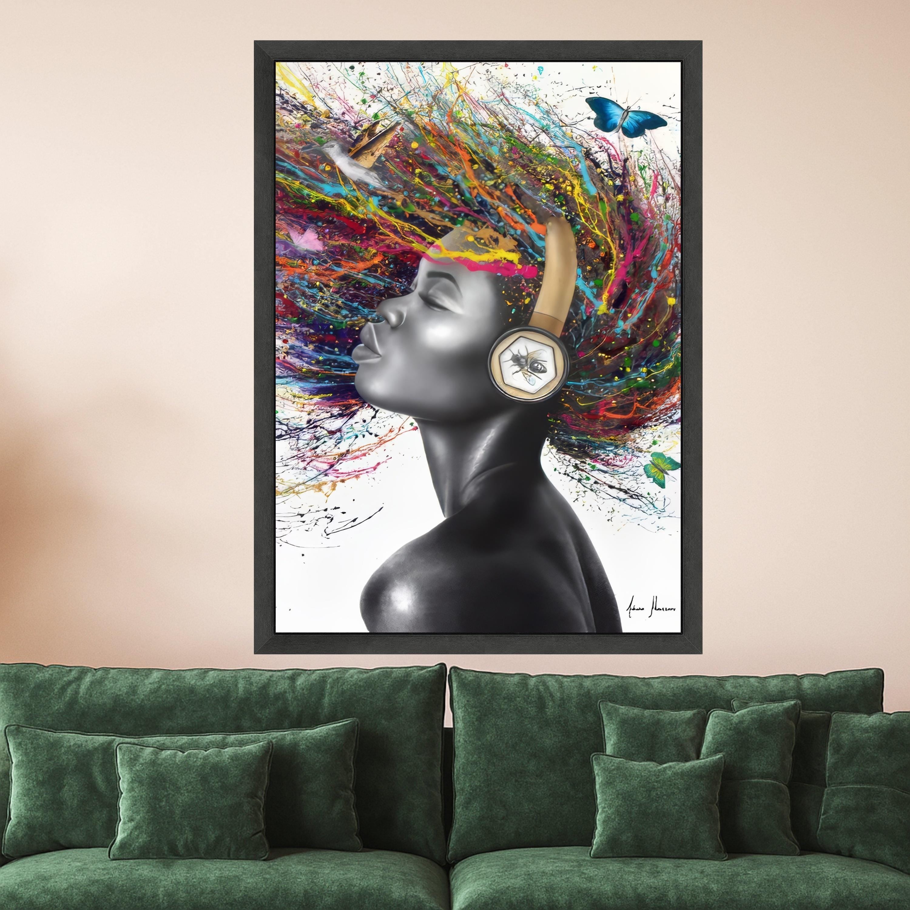 Vibrant Afro Woman Canvas Art, Color Splash Hair, Modern Portrait Wall Art, Headphones Abstract Painting, Contemporary Home Ready To Hang,