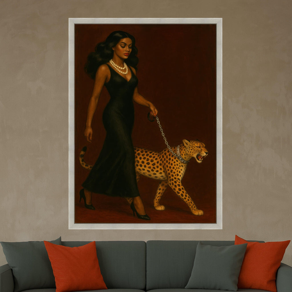 Elegant Woman in Black Dress with Cheetah Canvas, Powerful Animal Companion Wall Art, Chic Fashion Portrait Canvas, Modern Ready To Hang,