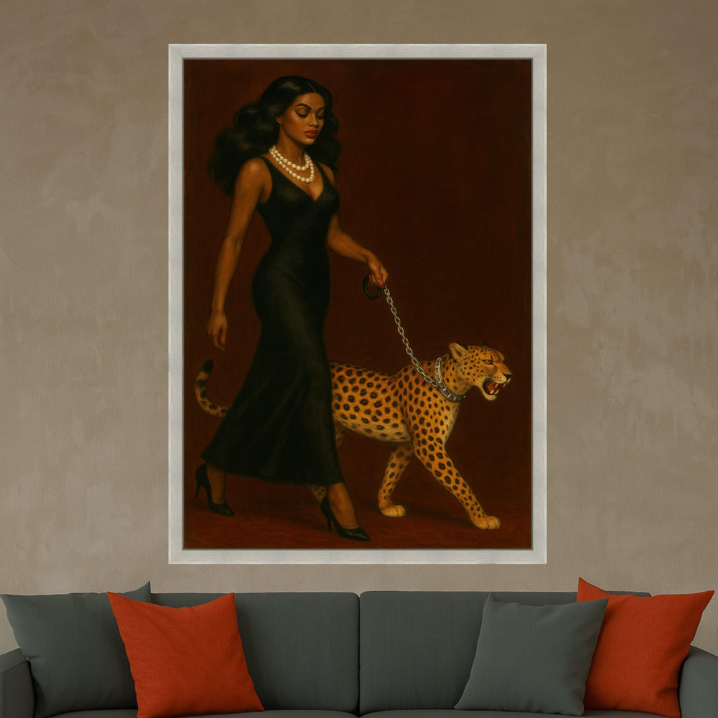 Elegant Woman in Black Dress with Cheetah Canvas, Powerful Animal Companion Wall Art, Chic Fashion Portrait Canvas, Modern Ready To Hang,