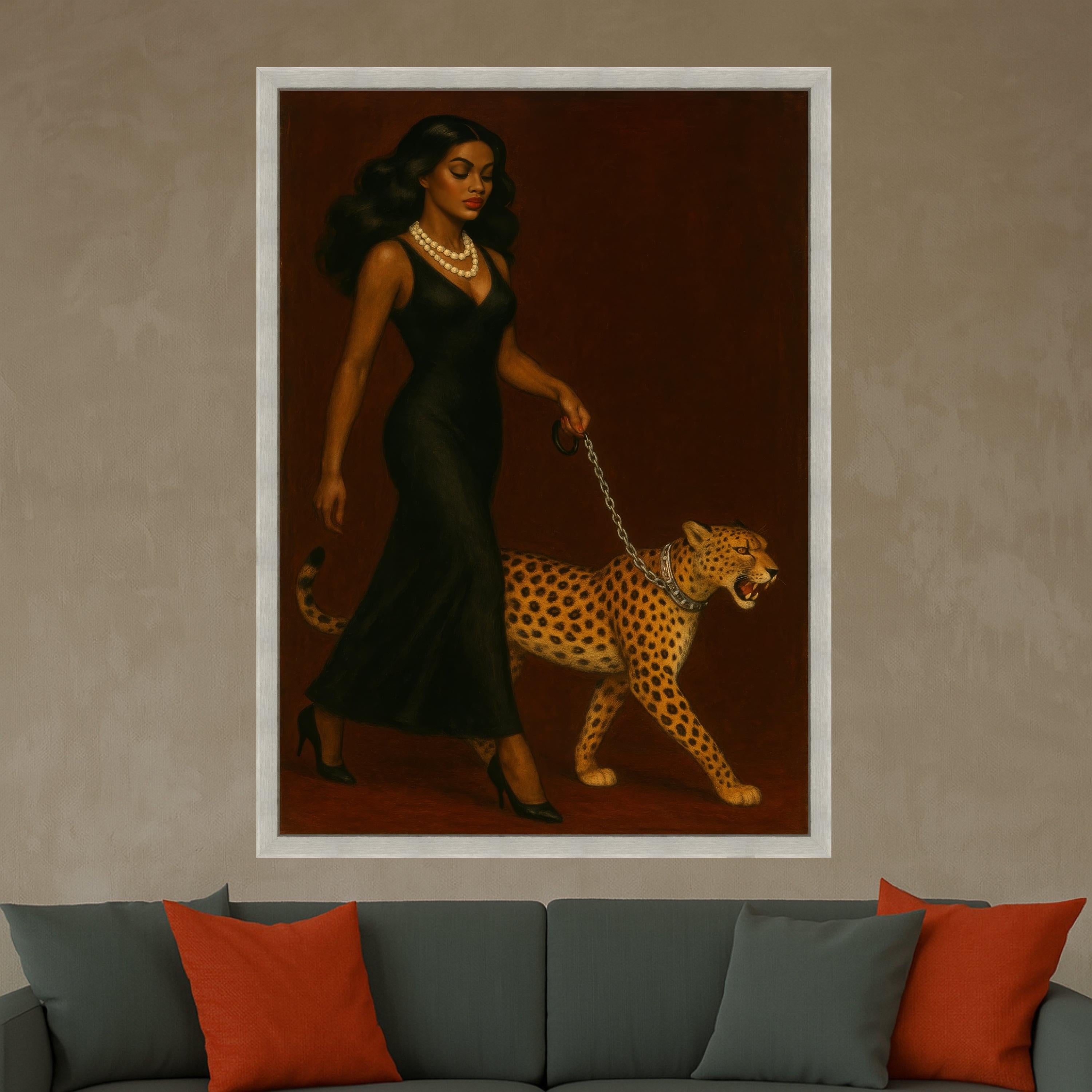 Elegant Woman in Black Dress with Cheetah Canvas, Powerful Animal Companion Wall Art, Chic Fashion Portrait Canvas, Modern Ready To Hang,