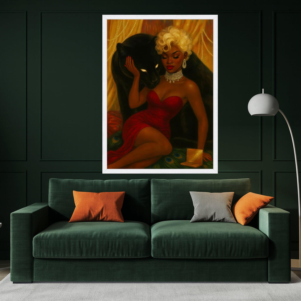 Elegant Woman in Red Dress with Black Panther Canvas, Glamour Portrait Wall Art, Luxury Fashion Illustration, Decorative Ready To Hang,