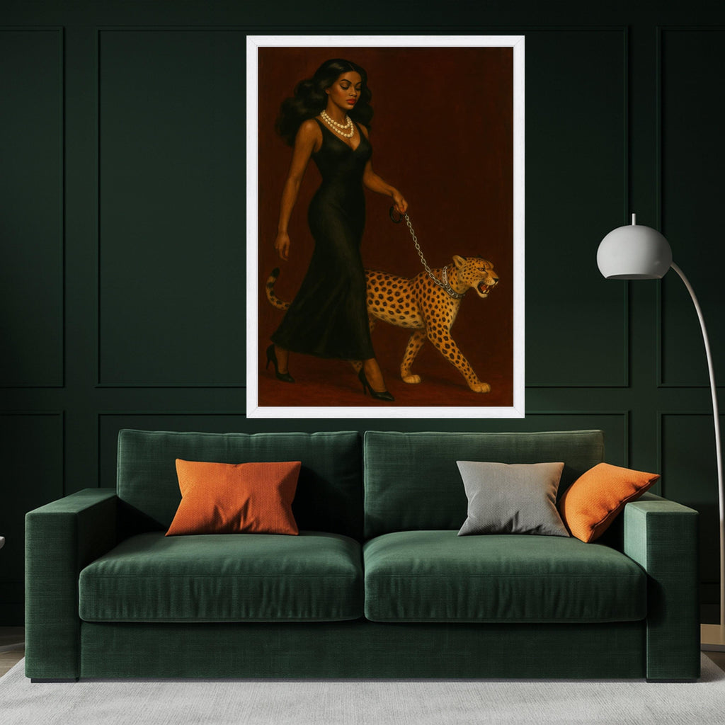 Elegant Woman in Black Dress with Cheetah Canvas, Powerful Animal Companion Wall Art, Chic Fashion Portrait Canvas, Modern Ready To Hang,