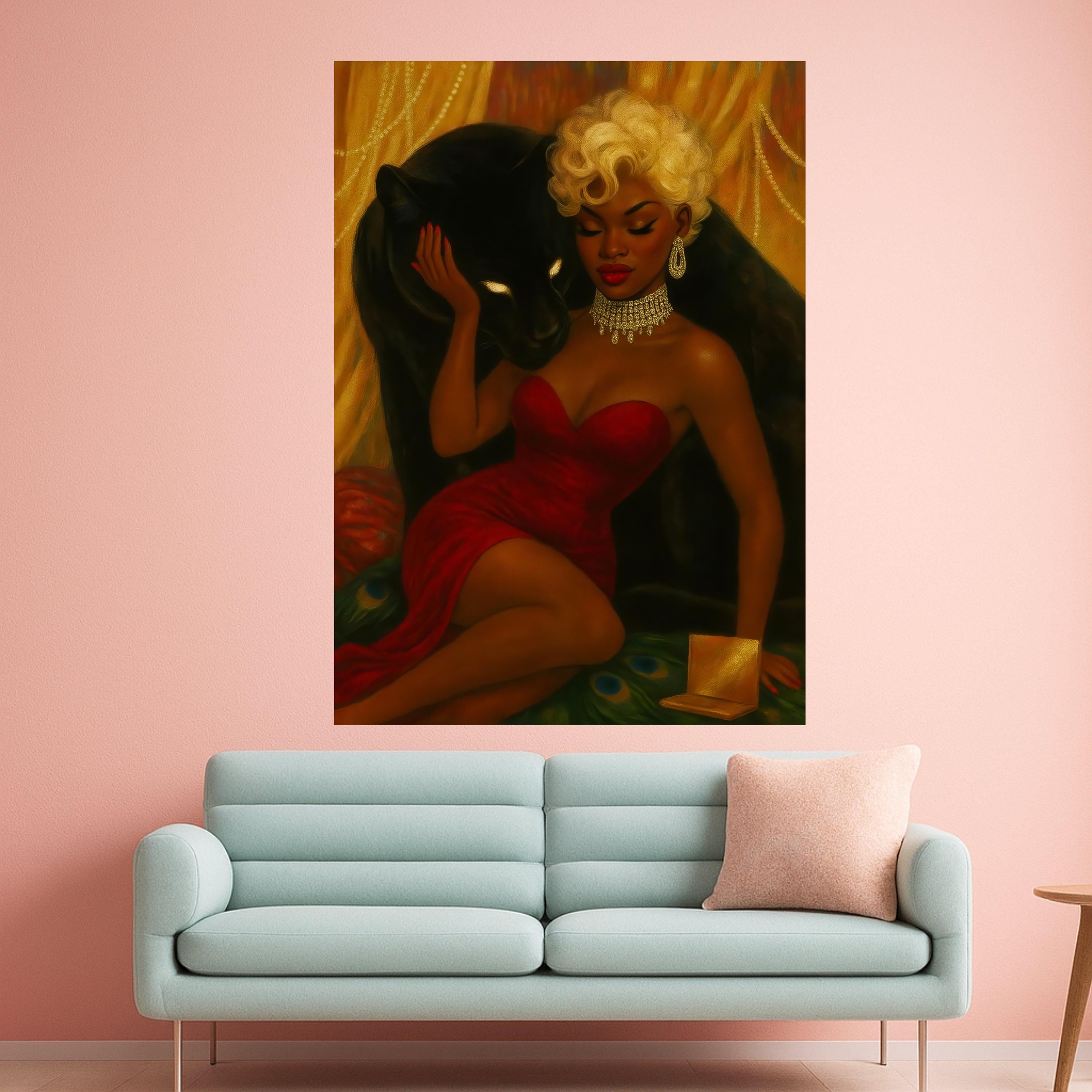Elegant Woman in Red Dress with Black Panther Canvas, Glamour Portrait Wall Art, Luxury Fashion Illustration, Decorative Ready To Hang,