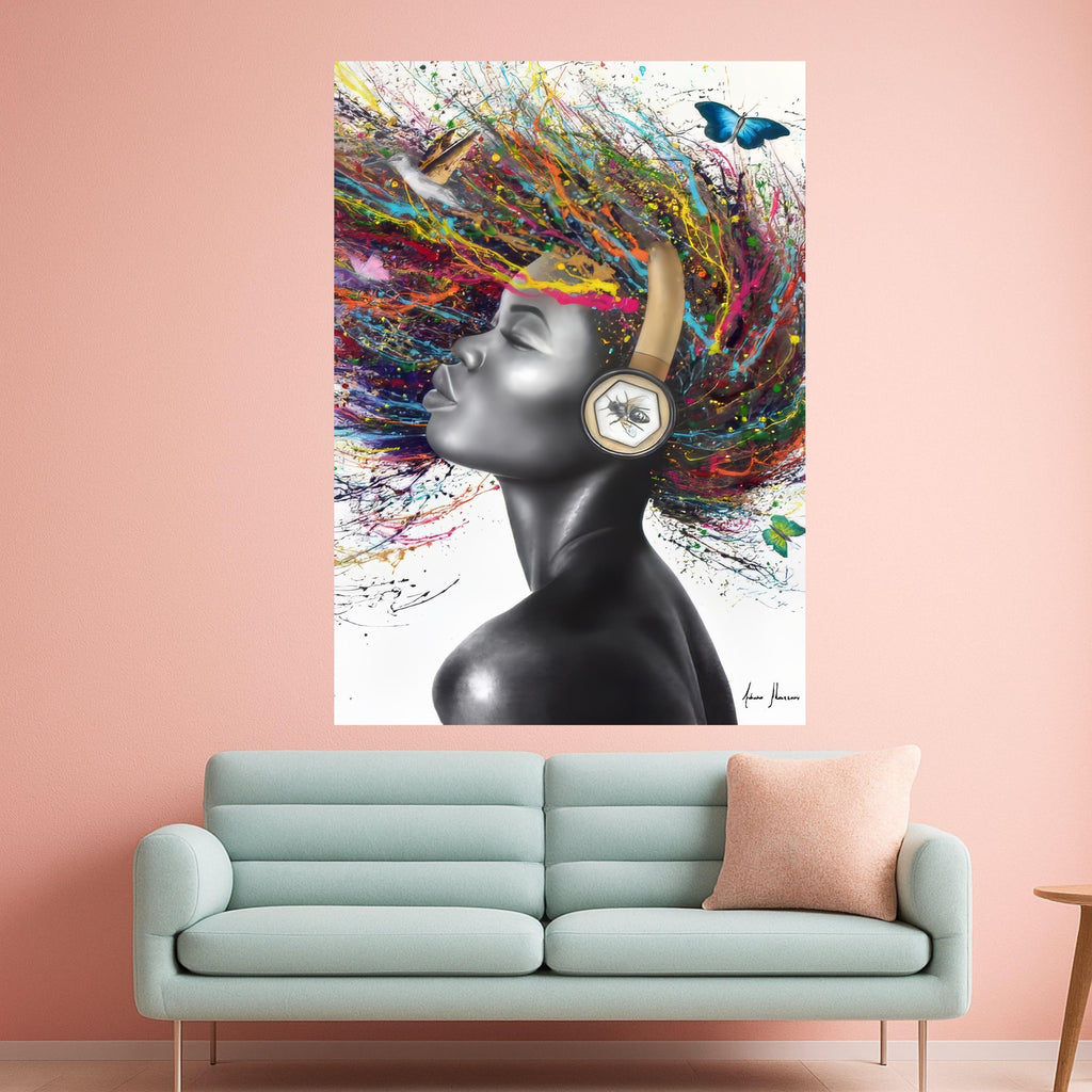 Vibrant Afro Woman Canvas Art, Color Splash Hair, Modern Portrait Wall Art, Headphones Abstract Painting, Contemporary Home Ready To Hang,