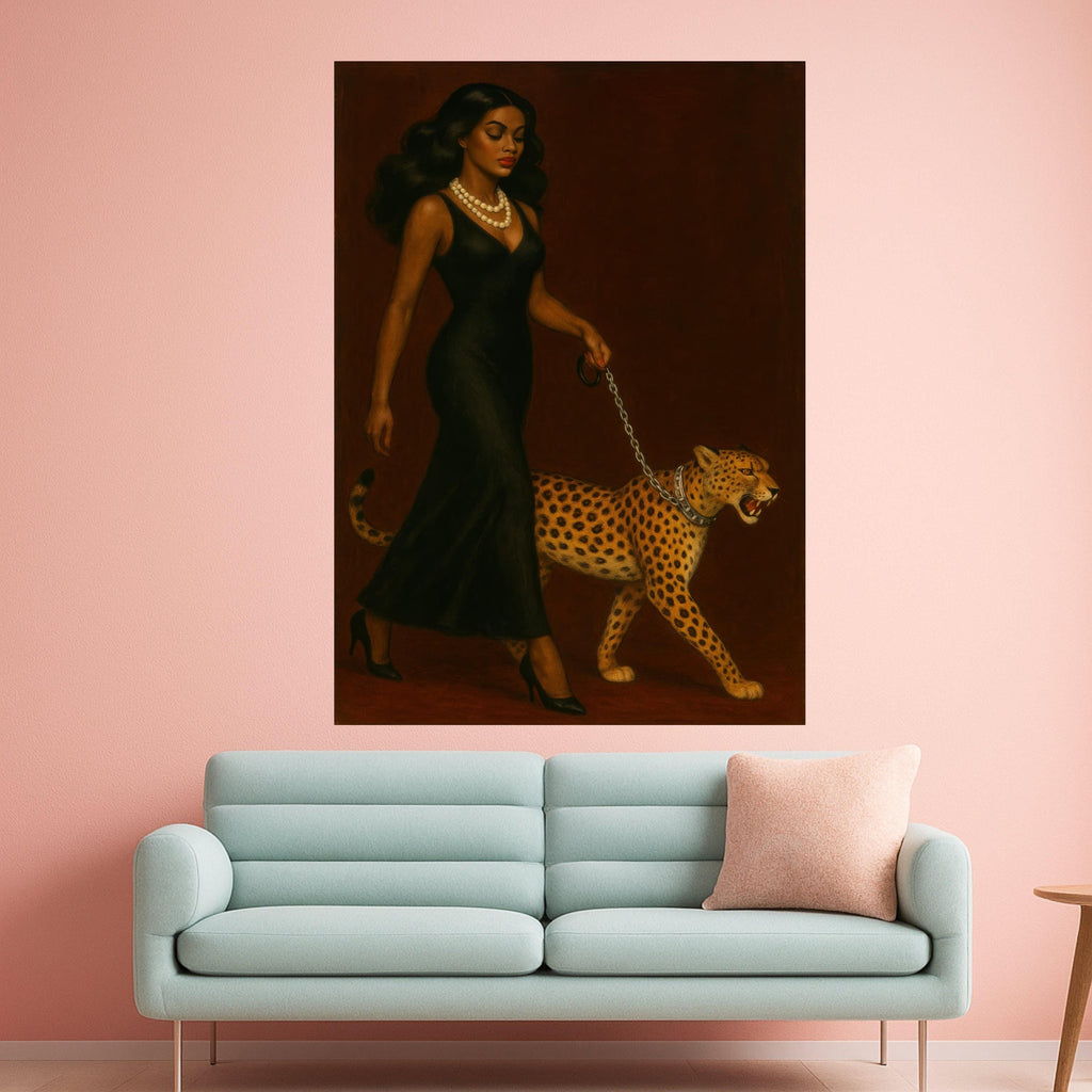Elegant Woman in Black Dress with Cheetah Canvas, Powerful Animal Companion Wall Art, Chic Fashion Portrait Canvas, Modern Ready To Hang,