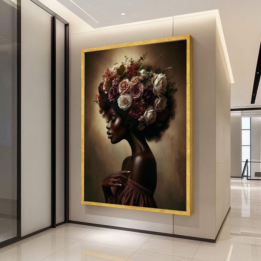 Elegant African Woman Portrait Canvas, Floral Afro Hair Art, Feminine Beauty Wall Decor, Botanical Canvas Art, Modern Home Ready To Hang,