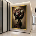 Elegant African Woman Portrait Canvas, Floral Afro Hair Art, Feminine Beauty Wall Decor, Botanical Canvas Art, Modern Home Ready To Hang,