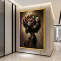 Elegant African Woman Portrait Canvas, Floral Afro Hair Art, Feminine Beauty Wall Decor, Botanical Canvas Art, Modern Home Ready To Hang,