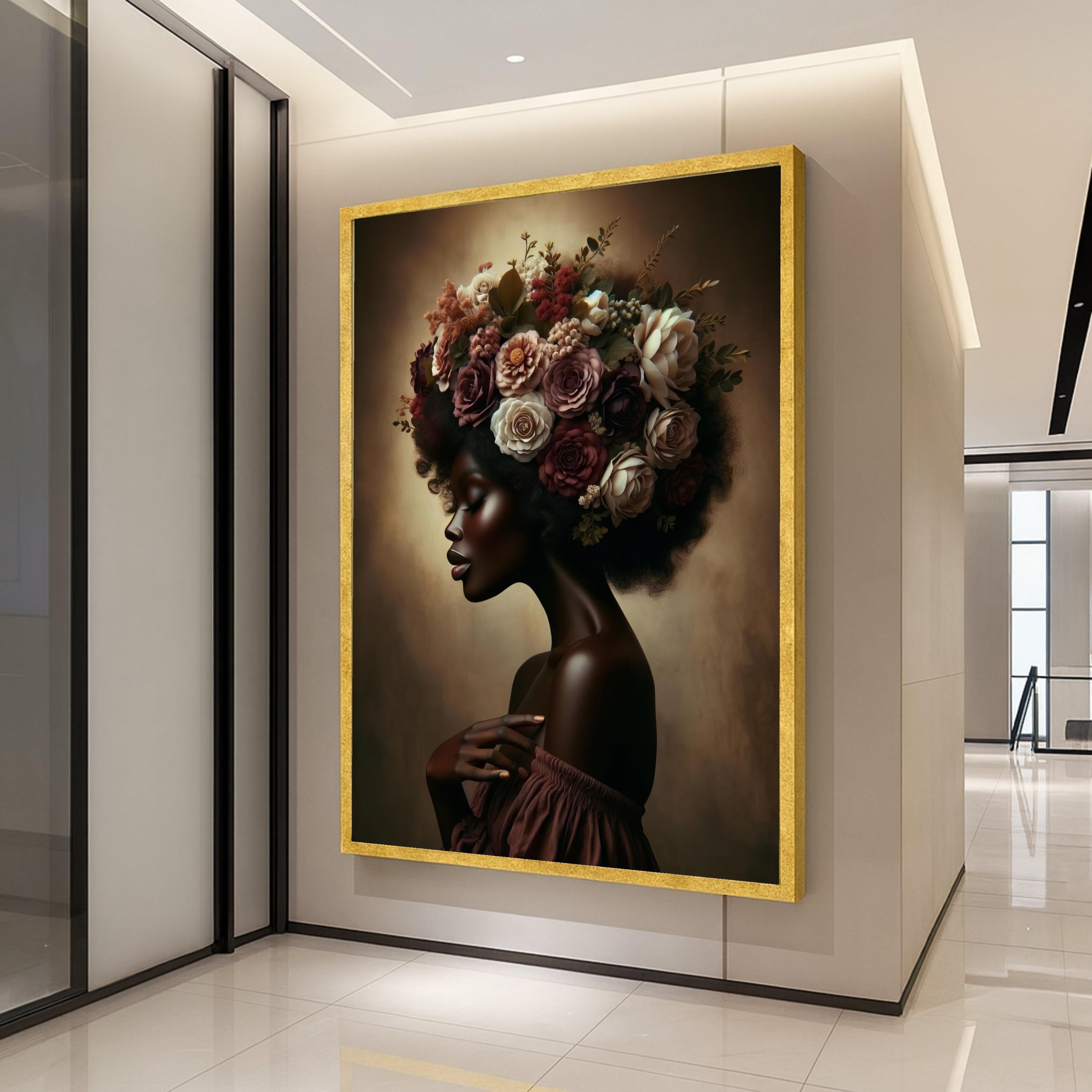 Elegant African Woman Portrait Canvas, Floral Afro Hair Art, Feminine Beauty Wall Decor, Botanical Canvas Art, Modern Home Ready To Hang,