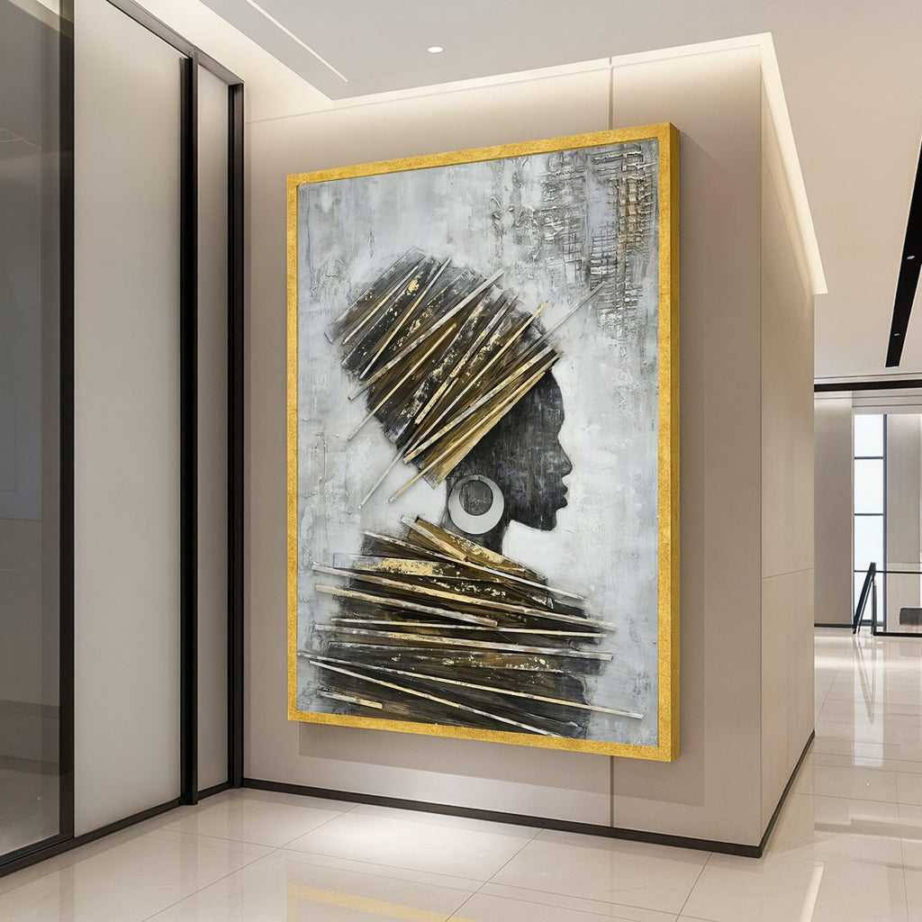 Elegant African Woman Profile Canvas, Wall Art, Modern Ethnic Portrait, Gold and Gray Home Decor, Contemporary Canvas Art Ready To Hang,