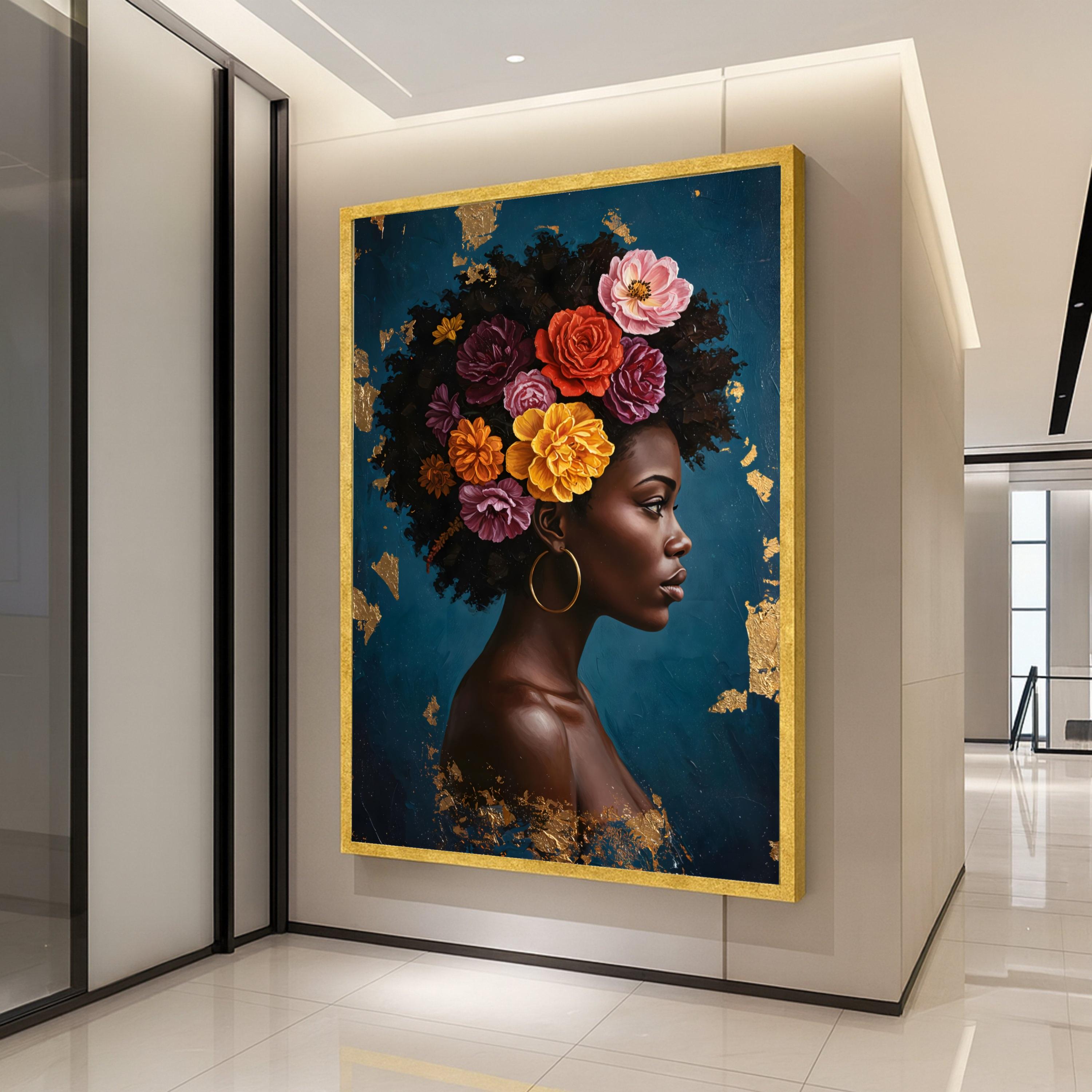 Elegant African Woman Portrait Canvas, Floral Hair Design Wall Art, Modern Figurative Painting, Ethnic Home Decor, Ready to Ready To Hang,
