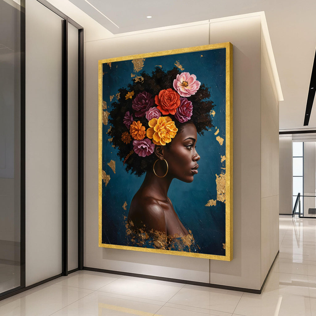 Elegant African Woman Portrait Canvas, Floral Hair Design Wall Art, Modern Figurative Painting, Ethnic Home Decor, Ready to Ready To Hang,