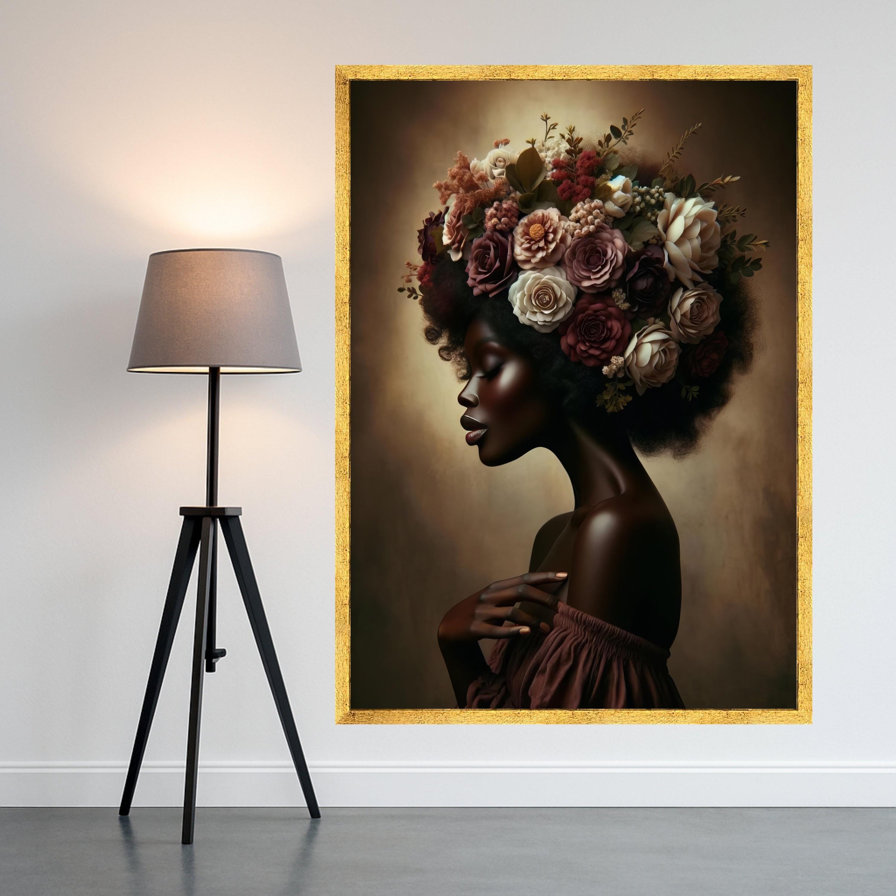 Elegant African Woman Portrait Canvas, Floral Afro Hair Art, Feminine Beauty Wall Decor, Botanical Canvas Art, Modern Home Ready To Hang,