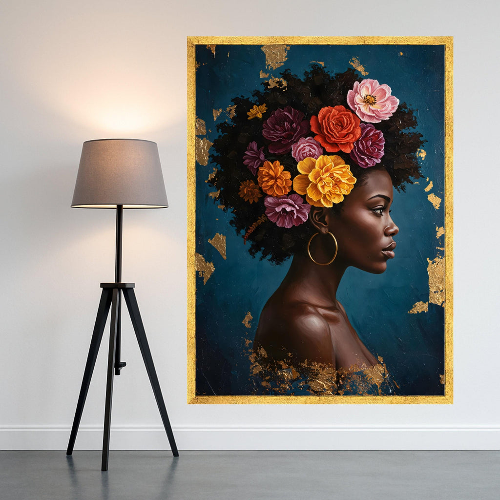 Elegant African Woman Portrait Canvas, Floral Hair Design Wall Art, Modern Figurative Painting, Ethnic Home Decor, Ready to Ready To Hang,