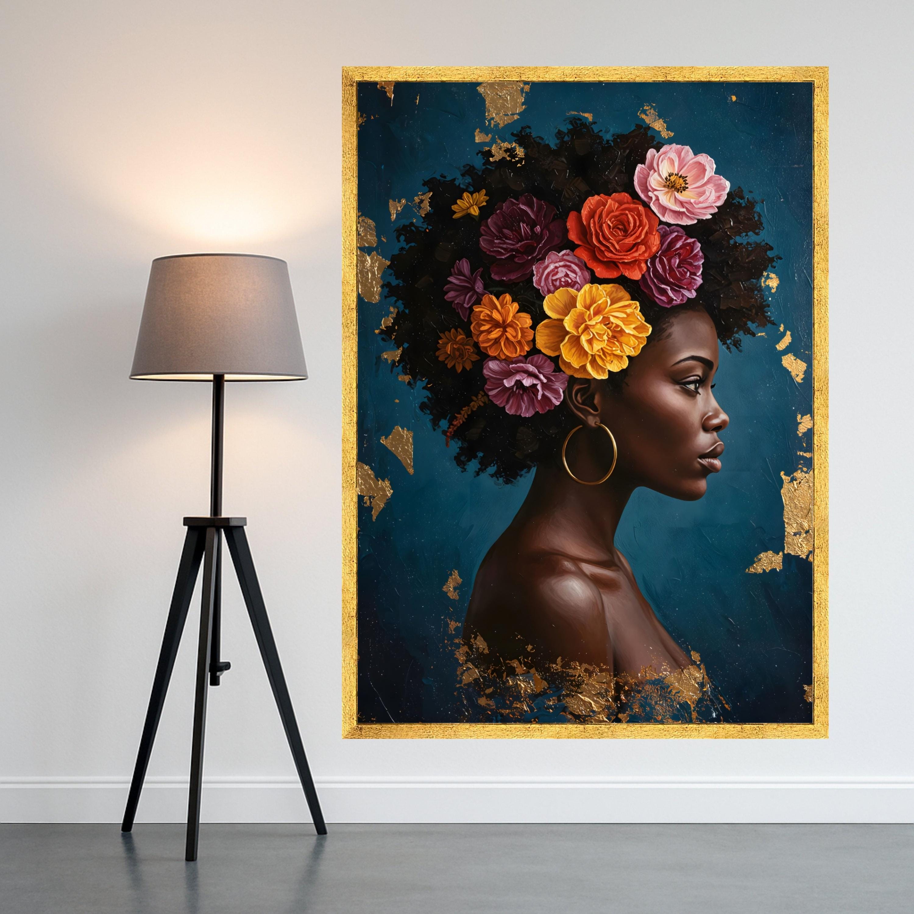 Elegant African Woman Portrait Canvas, Floral Hair Design Wall Art, Modern Figurative Painting, Ethnic Home Decor, Ready to Ready To Hang,