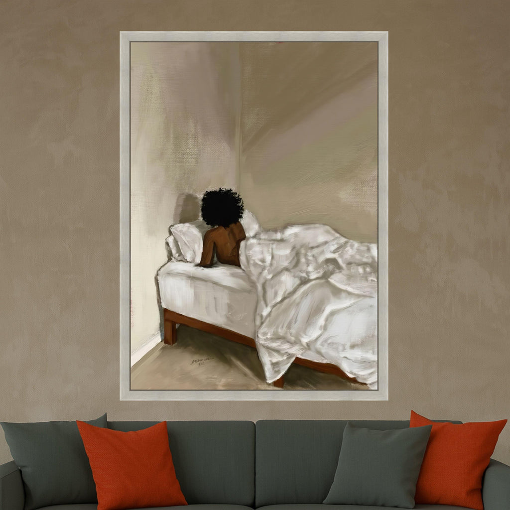 Quiet Morning Solitude, Minimalist Bedroom Canvas, Afro Woman Wall Art, Contemporary Bedroom Decor, Relaxing Home Canvas Art Ready To Hang,