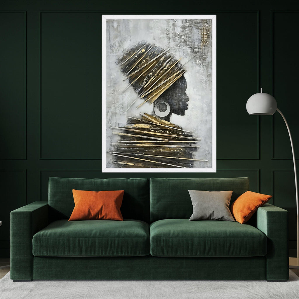 Elegant African Woman Profile Canvas, Wall Art, Modern Ethnic Portrait, Gold and Gray Home Decor, Contemporary Canvas Art Ready To Hang,