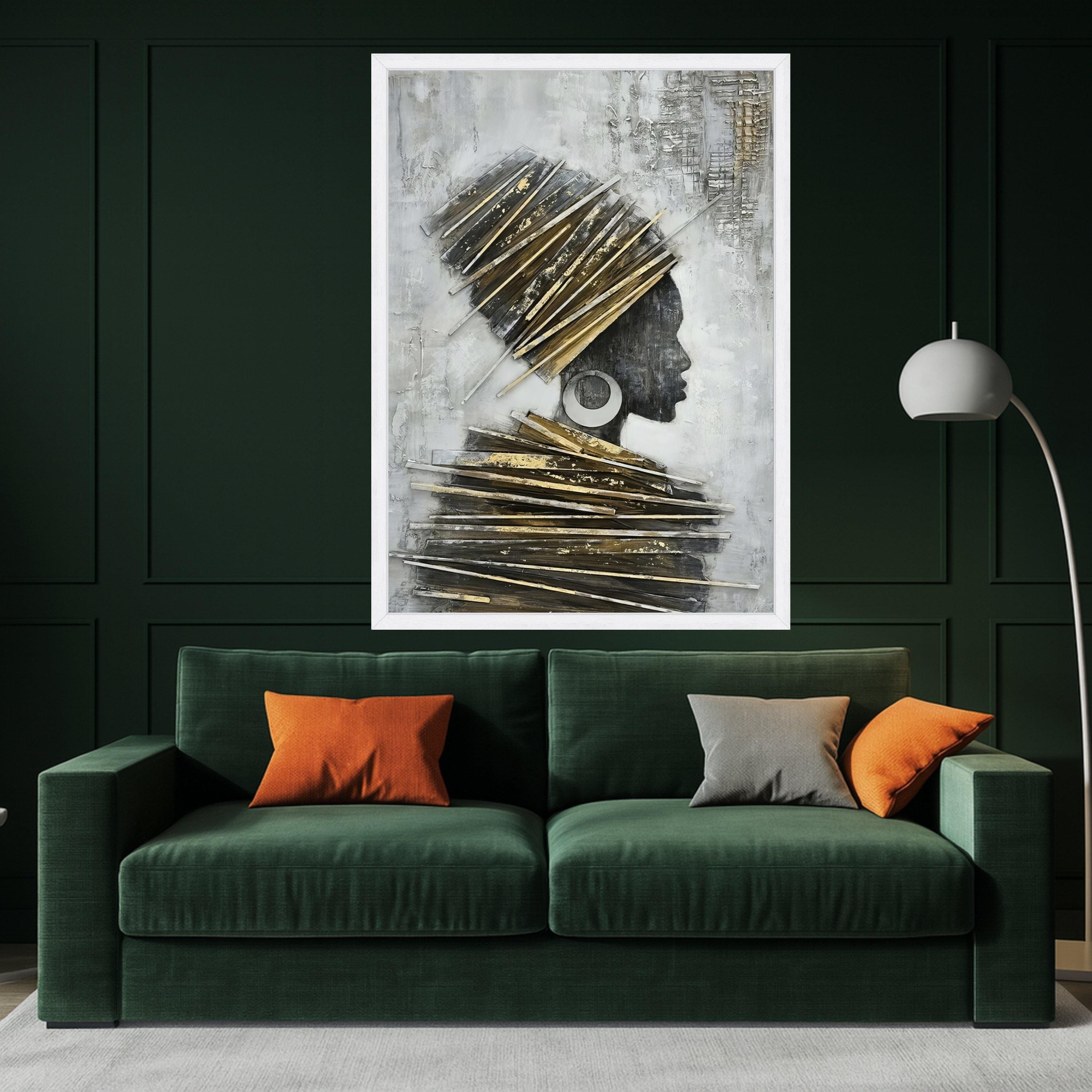 Elegant African Woman Profile Canvas, Wall Art, Modern Ethnic Portrait, Gold and Gray Home Decor, Contemporary Canvas Art Ready To Hang,