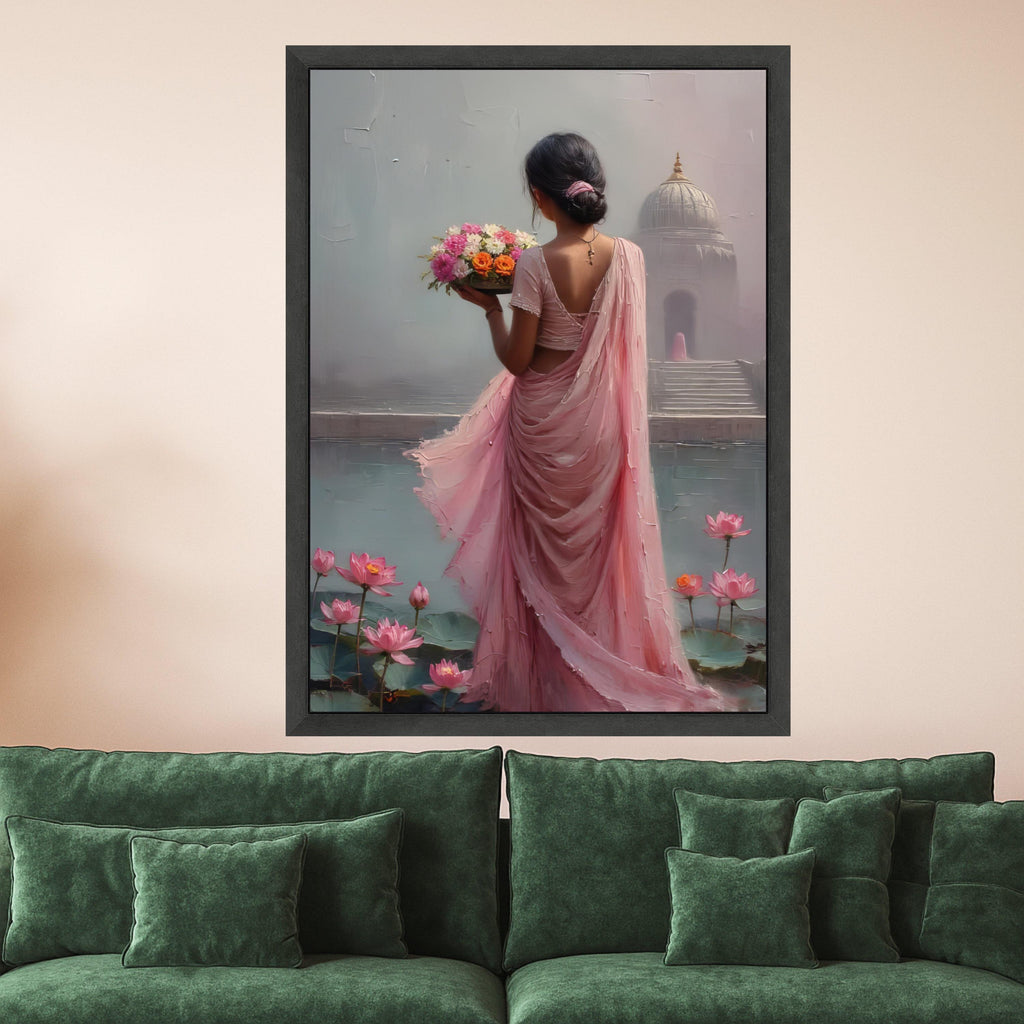 Graceful Woman in Pink Saree, Floral Bouquet Canvas, Lotus Pond Wall Art, Indian Culture Art, Serene Home Decoration Canvas Ready To Hang,