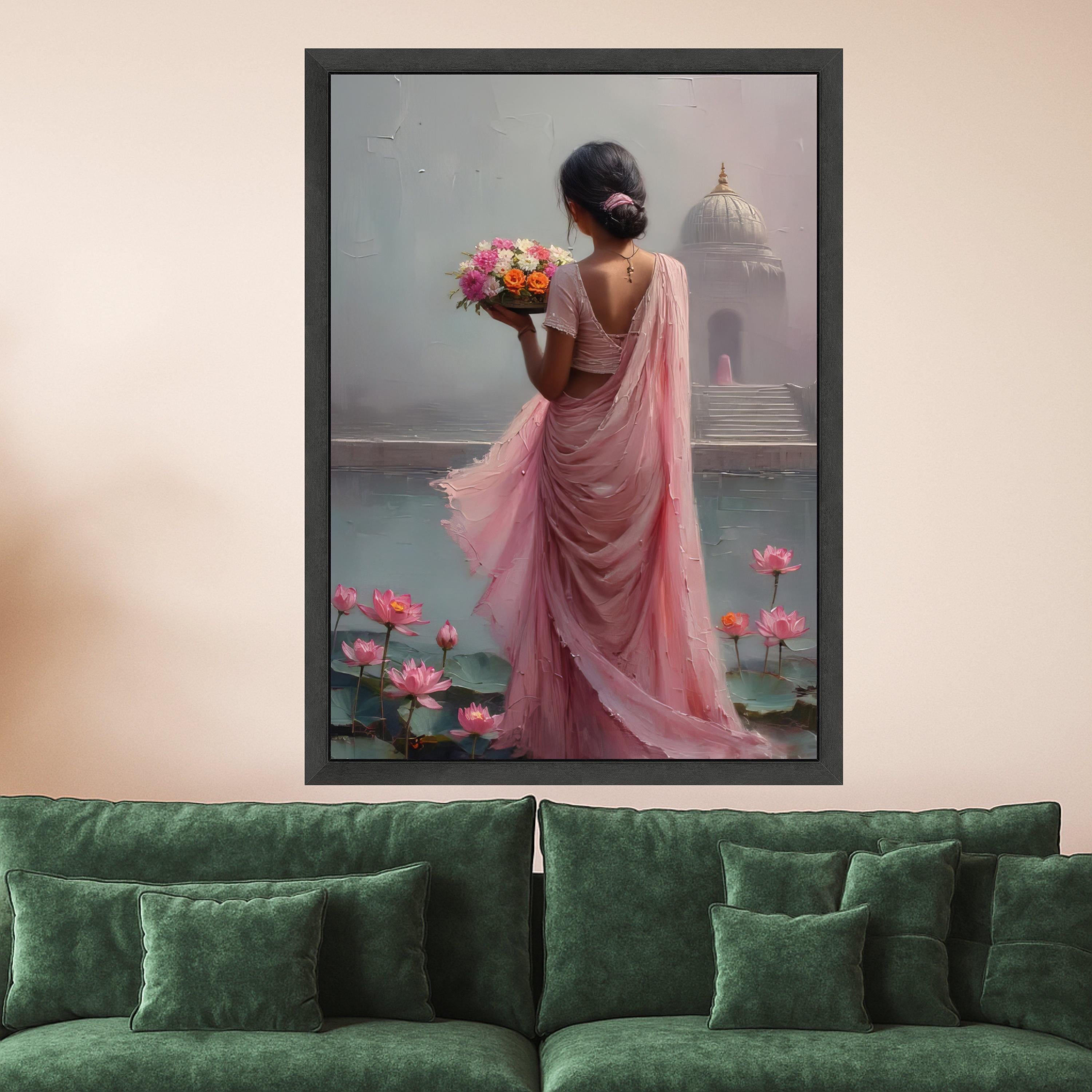 Graceful Woman in Pink Saree, Floral Bouquet Canvas, Lotus Pond Wall Art, Indian Culture Art, Serene Home Decoration Canvas Ready To Hang,