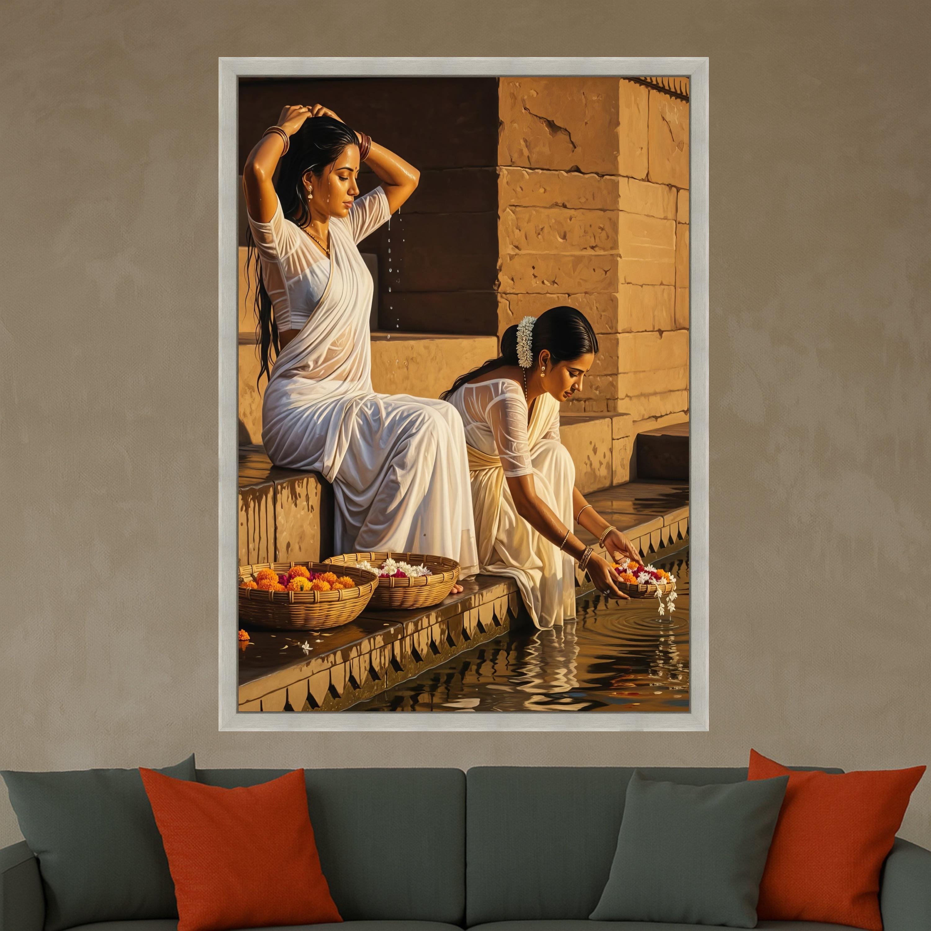 Traditional Indian Women in White Sarees, Spiritual Water Ritual Canvas, Ethnic Cultural Art, Floral Basket Decoration, Home Ready To Hang,