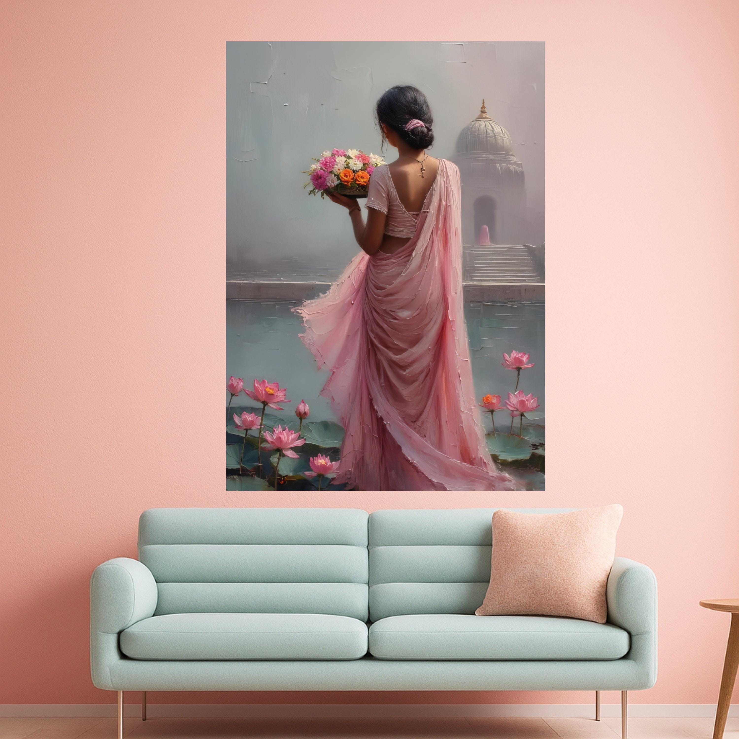 Graceful Woman in Pink Saree, Floral Bouquet Canvas, Lotus Pond Wall Art, Indian Culture Art, Serene Home Decoration Canvas Ready To Hang,