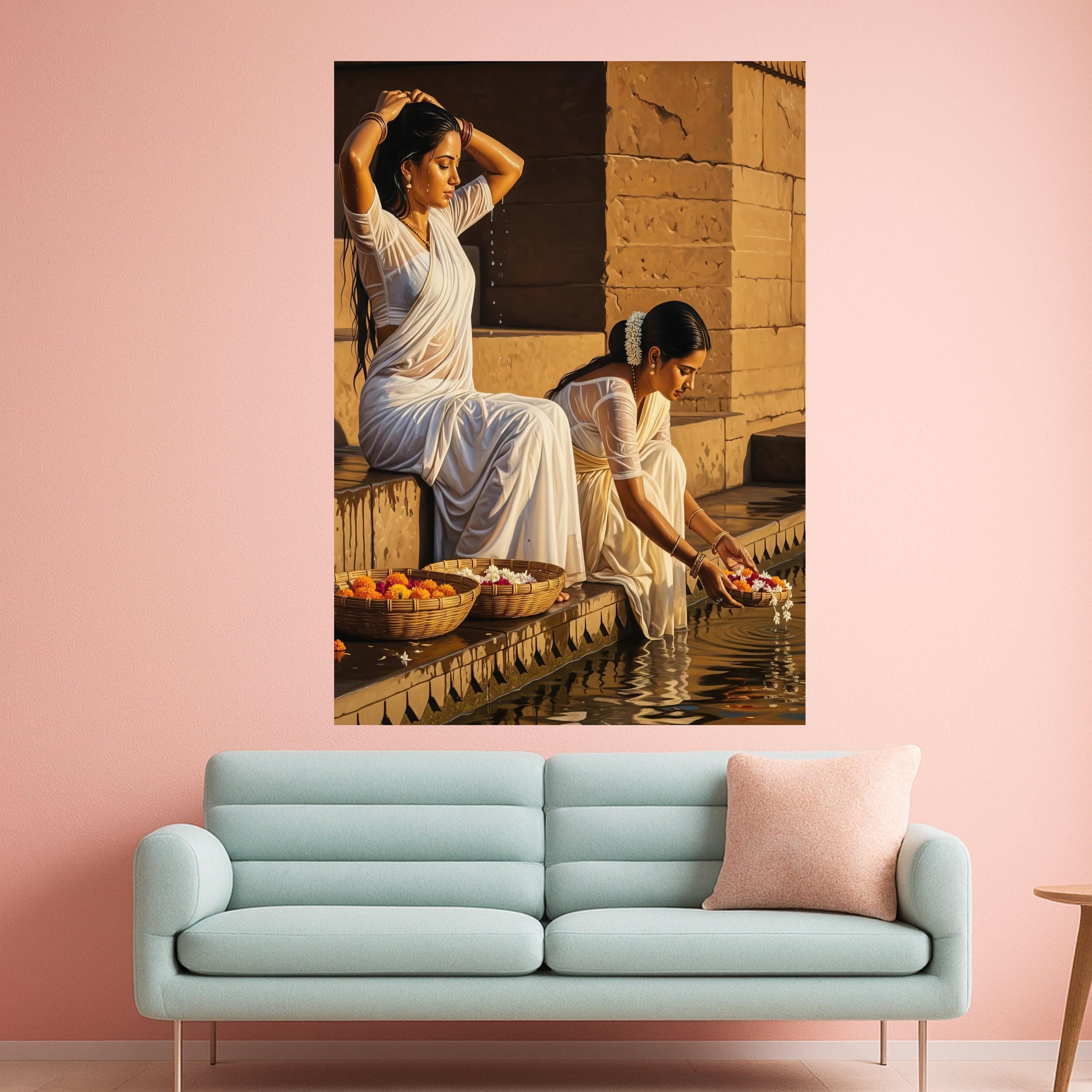 Traditional Indian Women in White Sarees, Spiritual Water Ritual Canvas, Ethnic Cultural Art, Floral Basket Decoration, Home Ready To Hang,