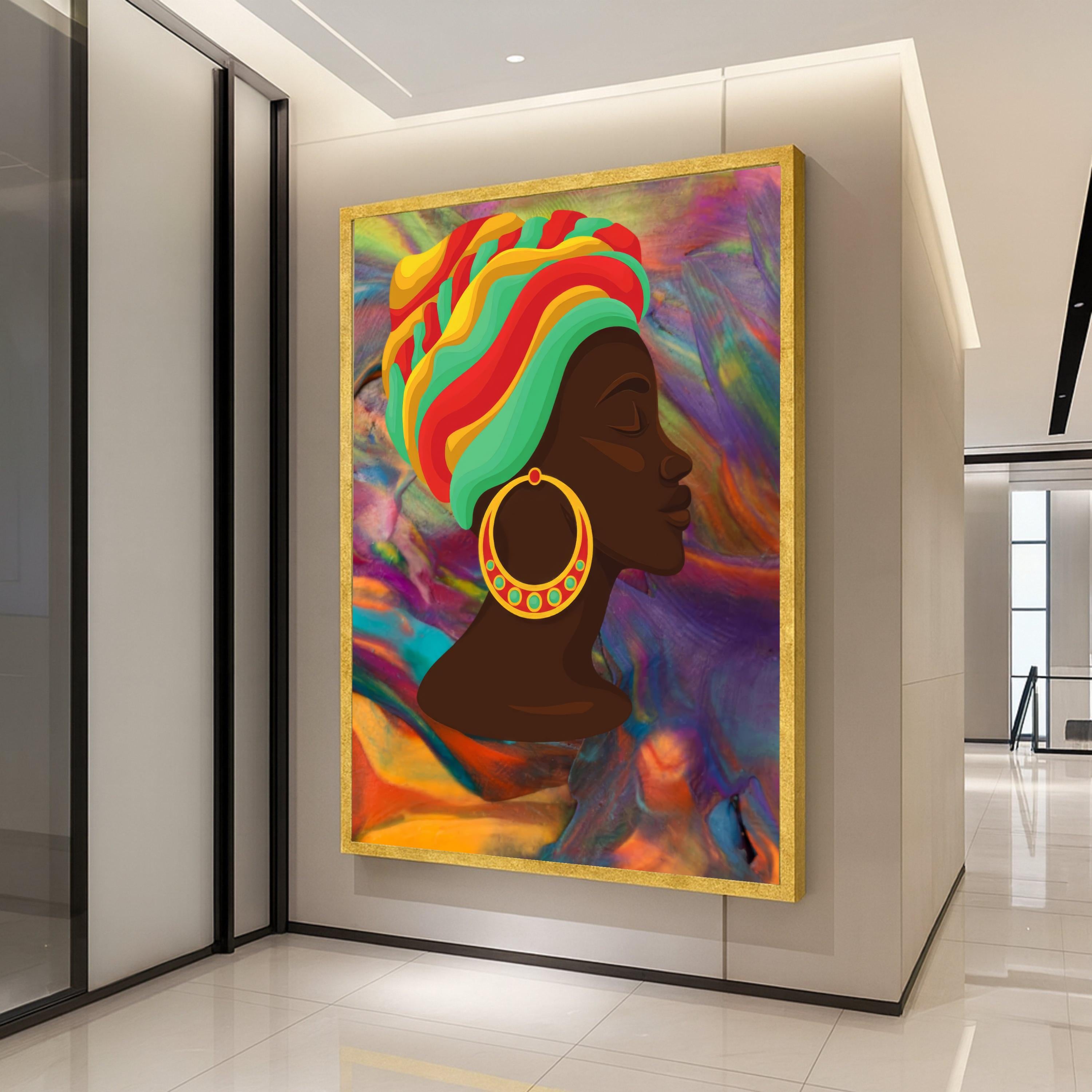 Vibrant African Woman Profile Canvas, Colorful Headwrap Wall Art, Ethnic Portrait Canvas, Multicolor Abstract Background, Ready To Hang,