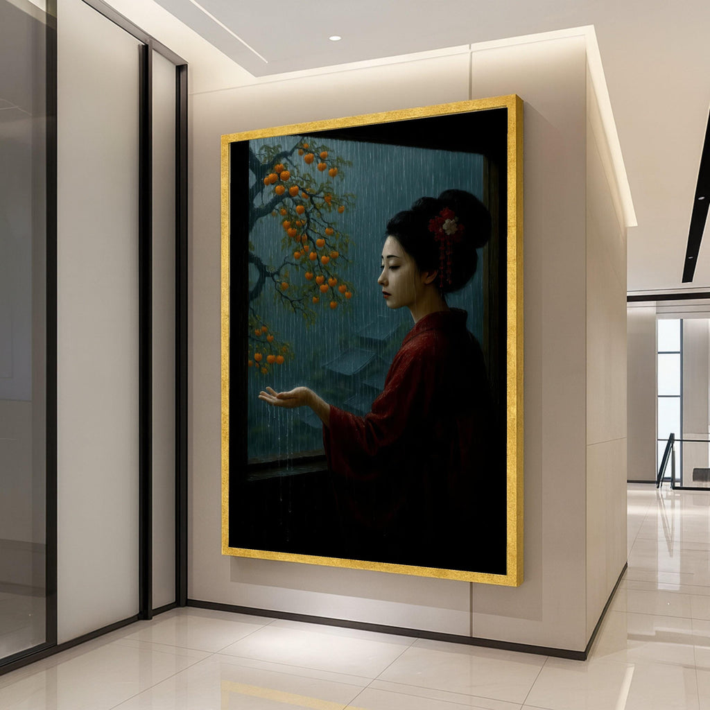 Tranquil Rainy Window Scene, Traditional Japanese Woman Canvas, Oriental Art Print, Persimmon Tree & Rainfall, Moody Asian Ready To Hang,