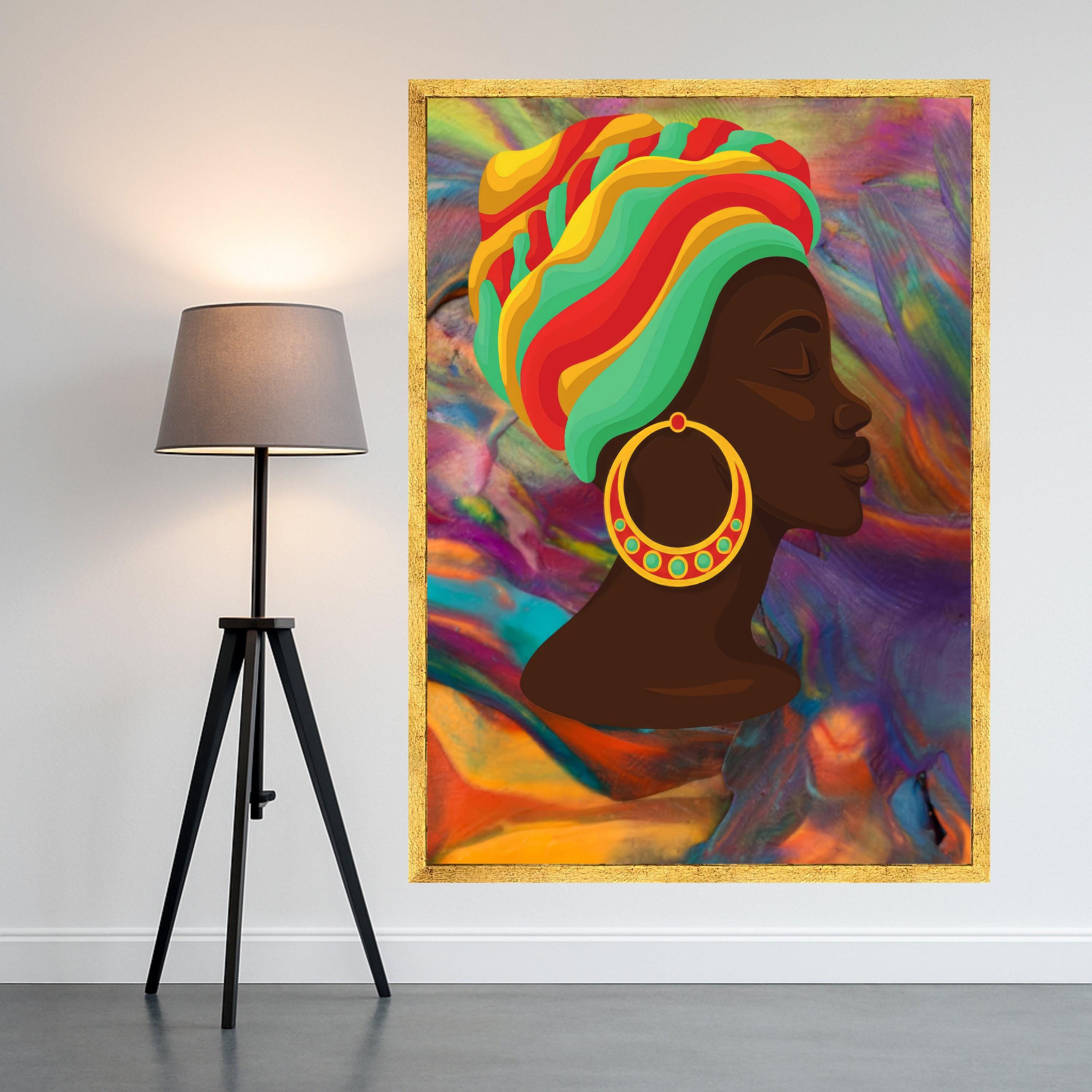 Vibrant African Woman Profile Canvas, Colorful Headwrap Wall Art, Ethnic Portrait Canvas, Multicolor Abstract Background, Ready To Hang,