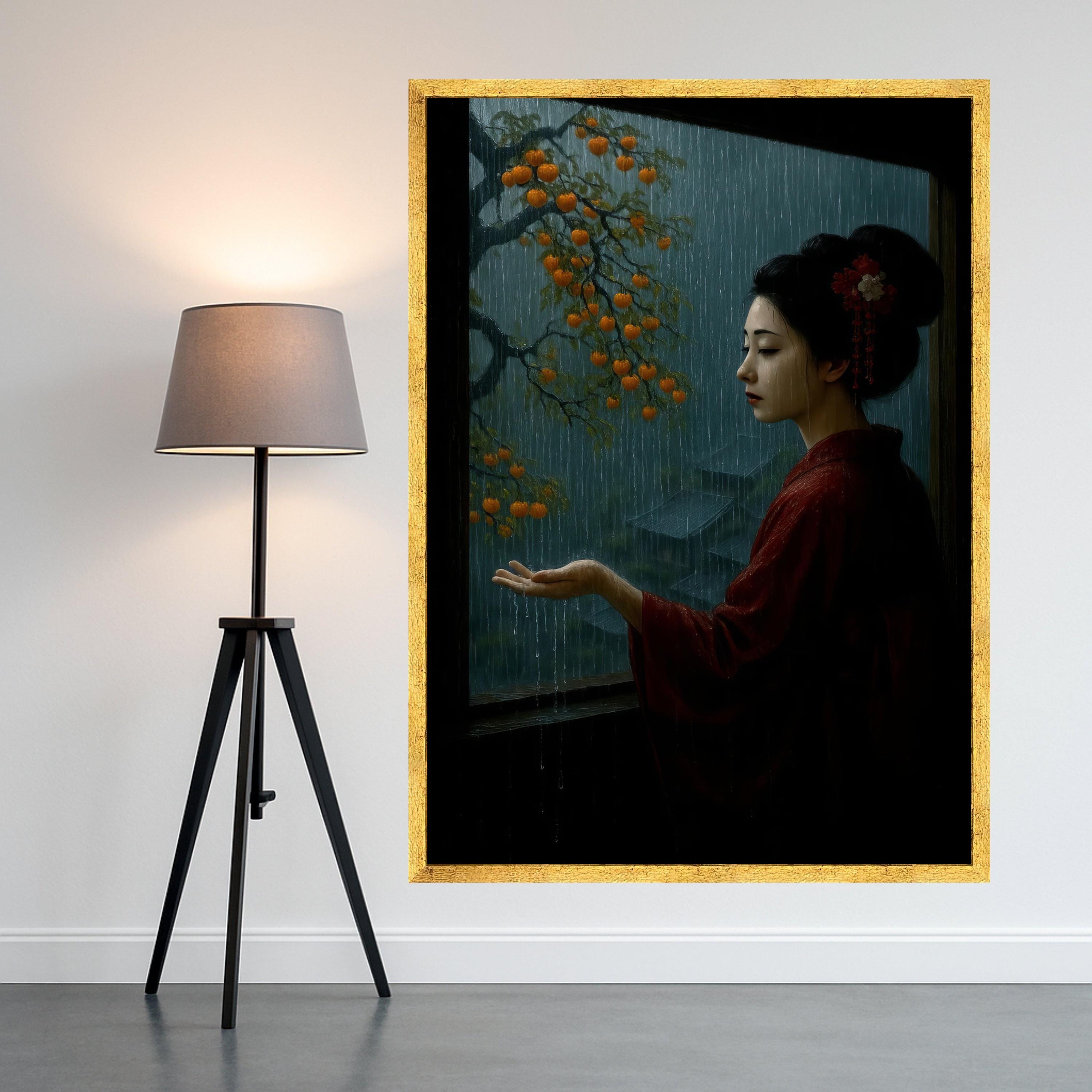 Tranquil Rainy Window Scene, Traditional Japanese Woman Canvas, Oriental Art Print, Persimmon Tree & Rainfall, Moody Asian Ready To Hang,