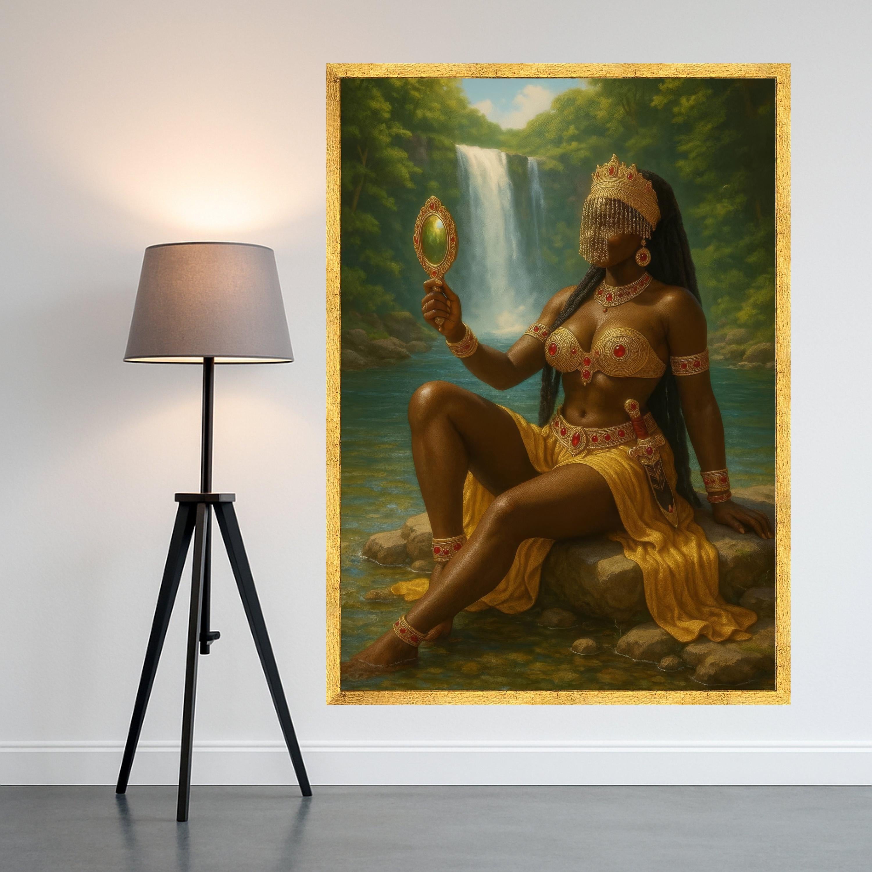 Regal African Queen with Waterfall Canvas, Tribal Goddess Wall Art, Fantasy Portrait Canvas, Exotic Nature Scene, Ornate Ready To Hang,