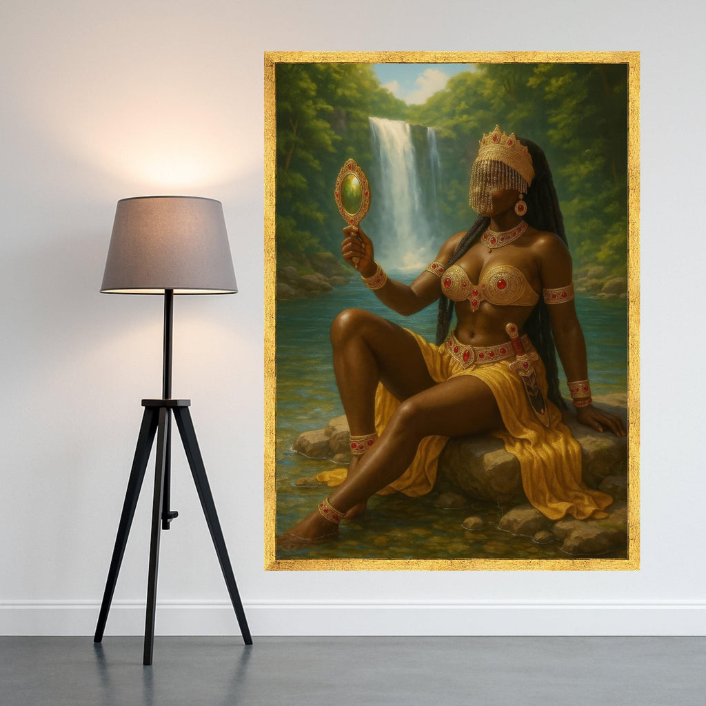 Regal African Queen with Waterfall Canvas, Tribal Goddess Wall Art, Fantasy Portrait Canvas, Exotic Nature Scene, Ornate Ready To Hang,