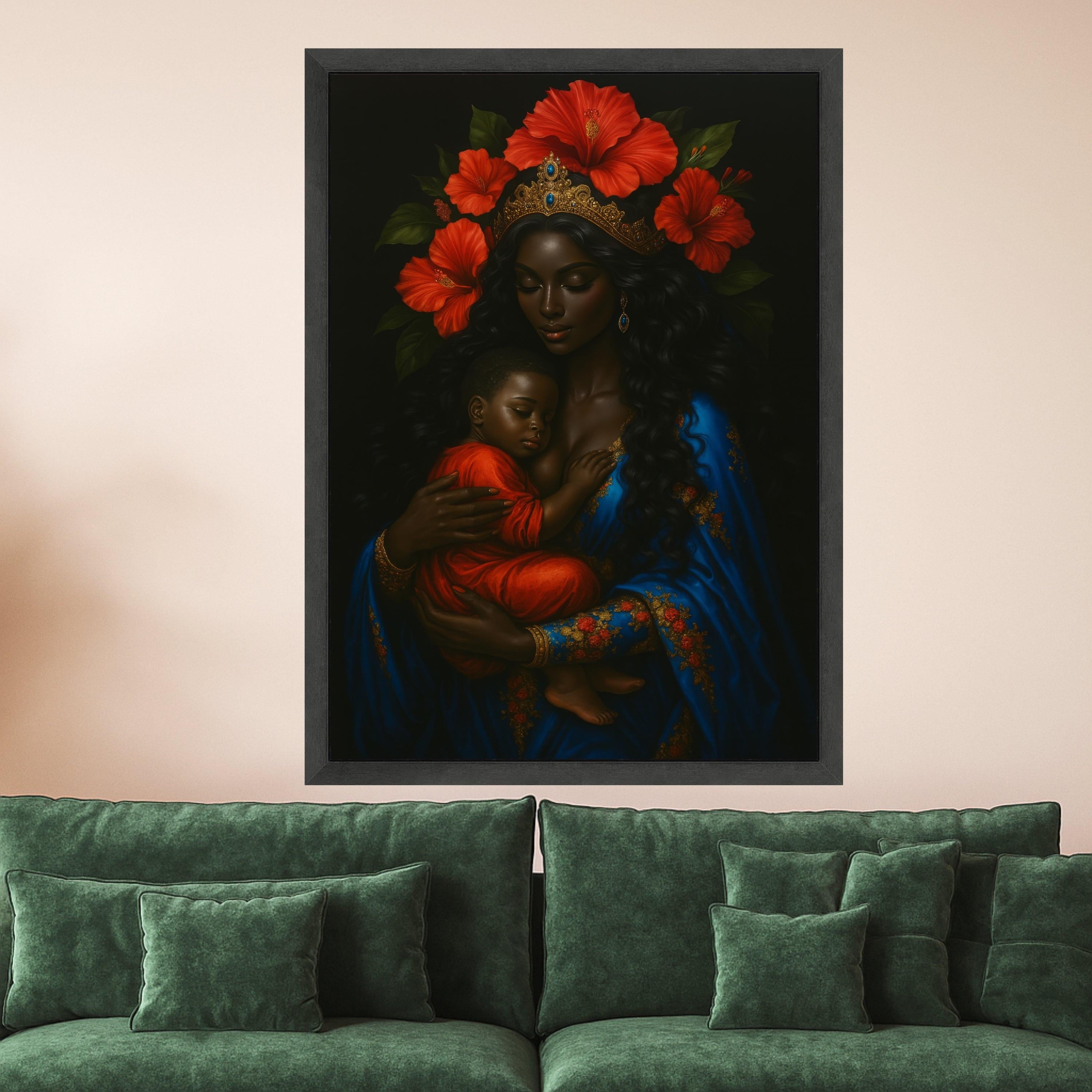Royal Mother and Child Canvas, African Queen Wall Art, Motherhood Portrait Canvas, Floral Crown Decor, Blue and Red Canvas Ready To Hang,