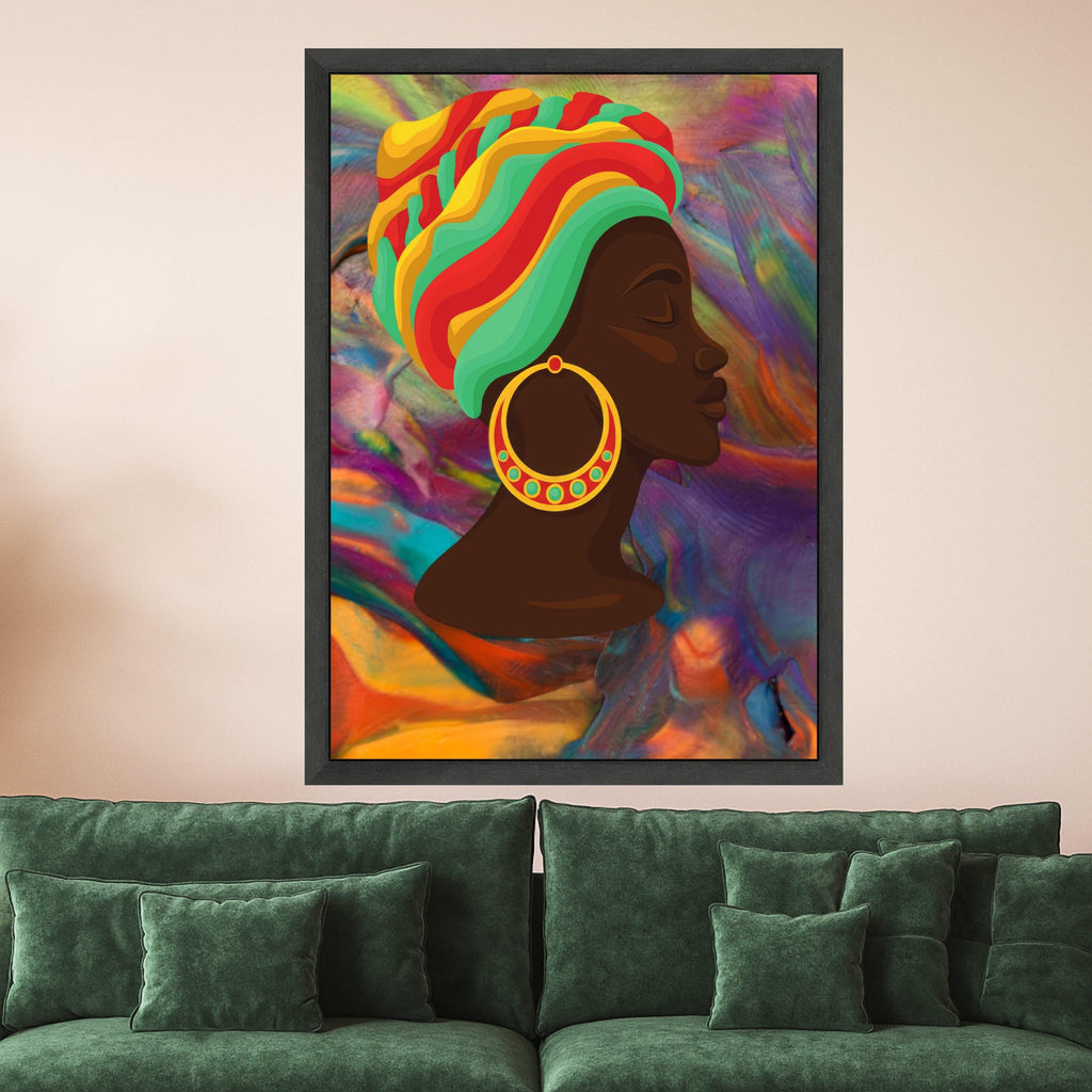 Vibrant African Woman Profile Canvas, Colorful Headwrap Wall Art, Ethnic Portrait Canvas, Multicolor Abstract Background, Ready To Hang,