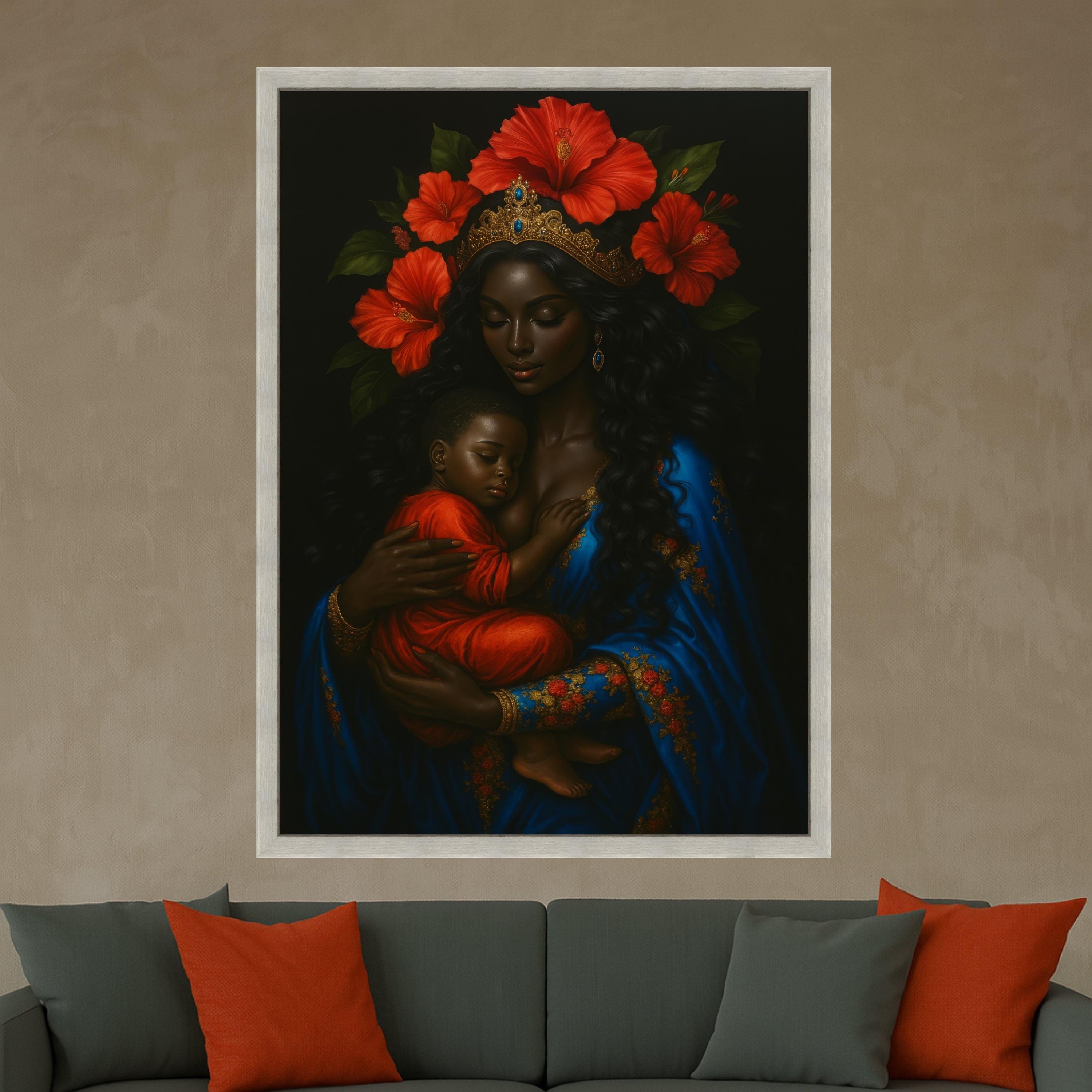 Royal Mother and Child Canvas, African Queen Wall Art, Motherhood Portrait Canvas, Floral Crown Decor, Blue and Red Canvas Ready To Hang,