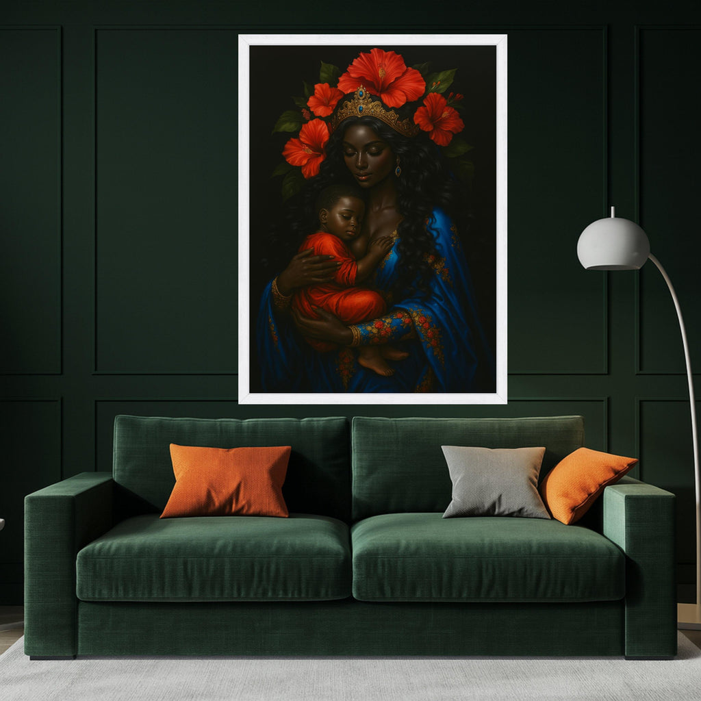 Royal Mother and Child Canvas, African Queen Wall Art, Motherhood Portrait Canvas, Floral Crown Decor, Blue and Red Canvas Ready To Hang,