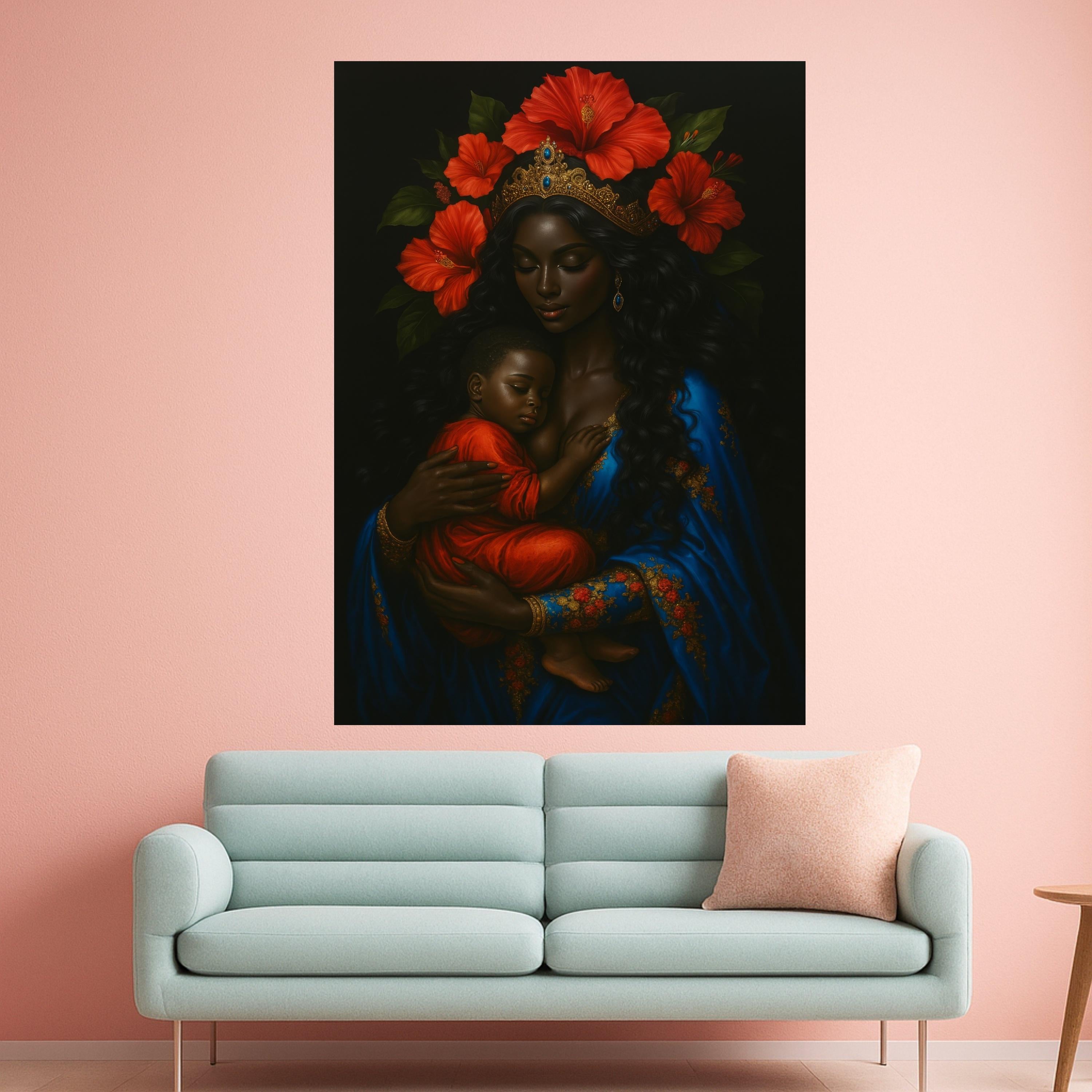 Royal Mother and Child Canvas, African Queen Wall Art, Motherhood Portrait Canvas, Floral Crown Decor, Blue and Red Canvas Ready To Hang,
