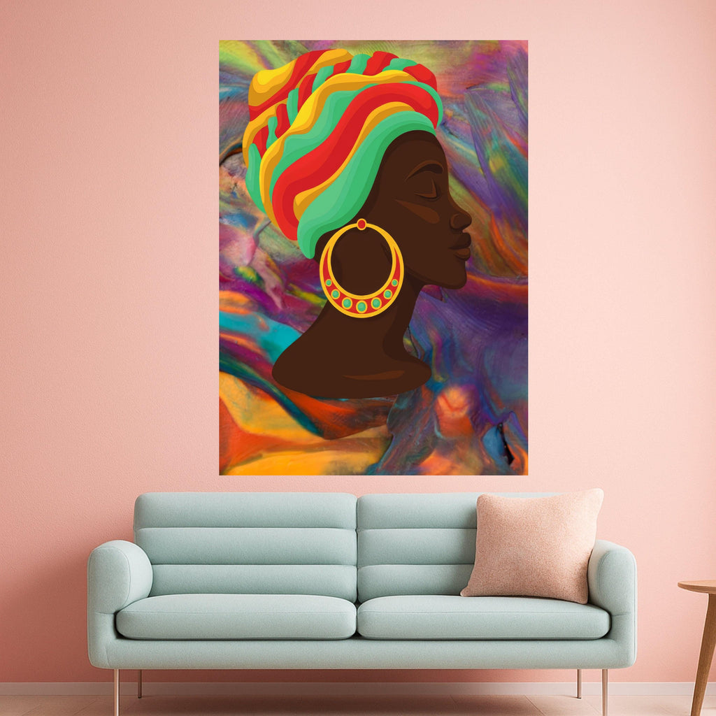 Vibrant African Woman Profile Canvas, Colorful Headwrap Wall Art, Ethnic Portrait Canvas, Multicolor Abstract Background, Ready To Hang,