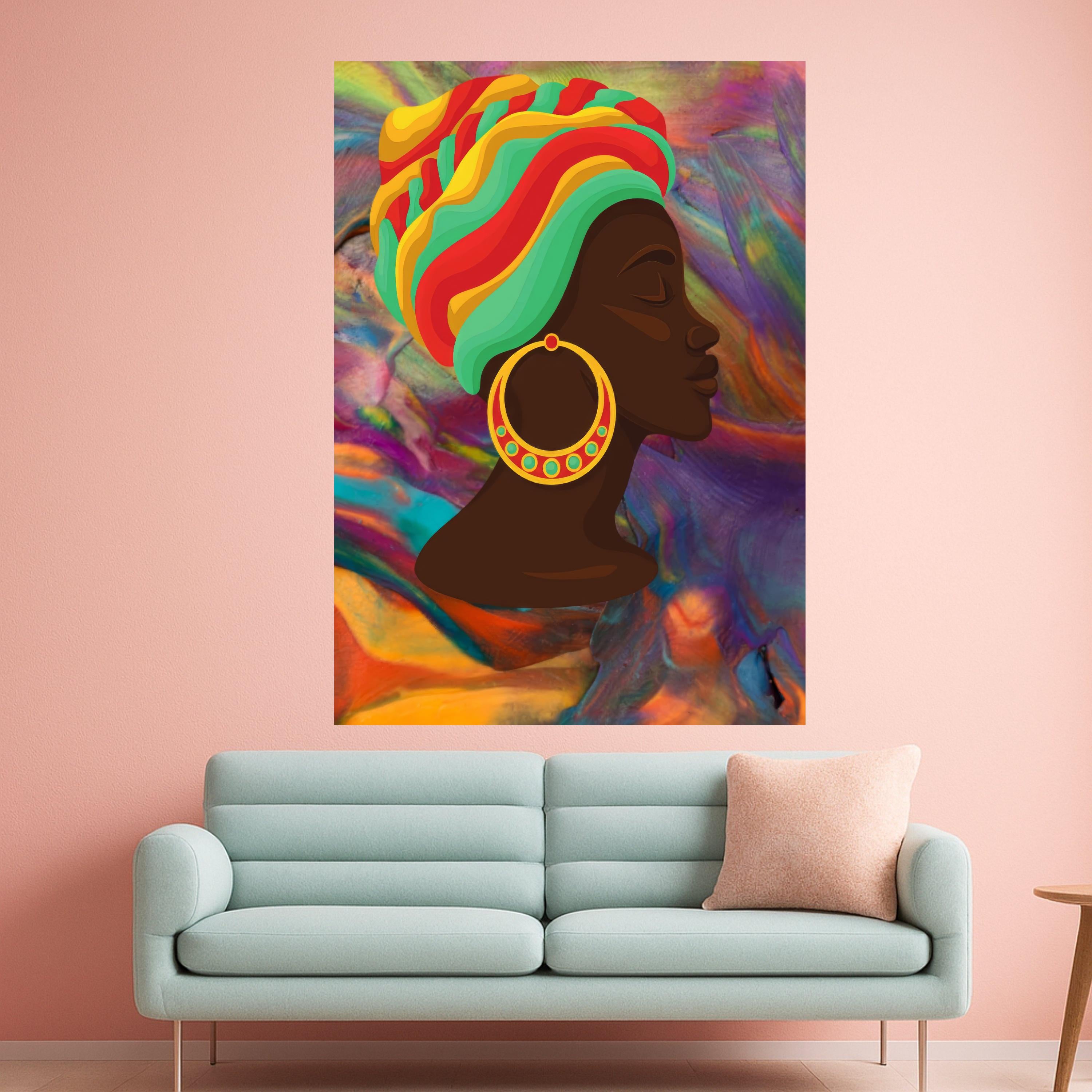 Vibrant African Woman Profile Canvas, Colorful Headwrap Wall Art, Ethnic Portrait Canvas, Multicolor Abstract Background, Ready To Hang,